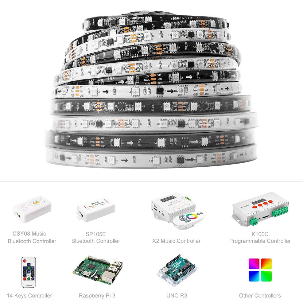 Btf-Lighting Ws2811 Ic=Rgb+Ic Addressable Dream Color Led Strip 16.4Ft 60Leds/M 20Pixels/M Ip67 Waterproof Black Pcb Flexible Dc