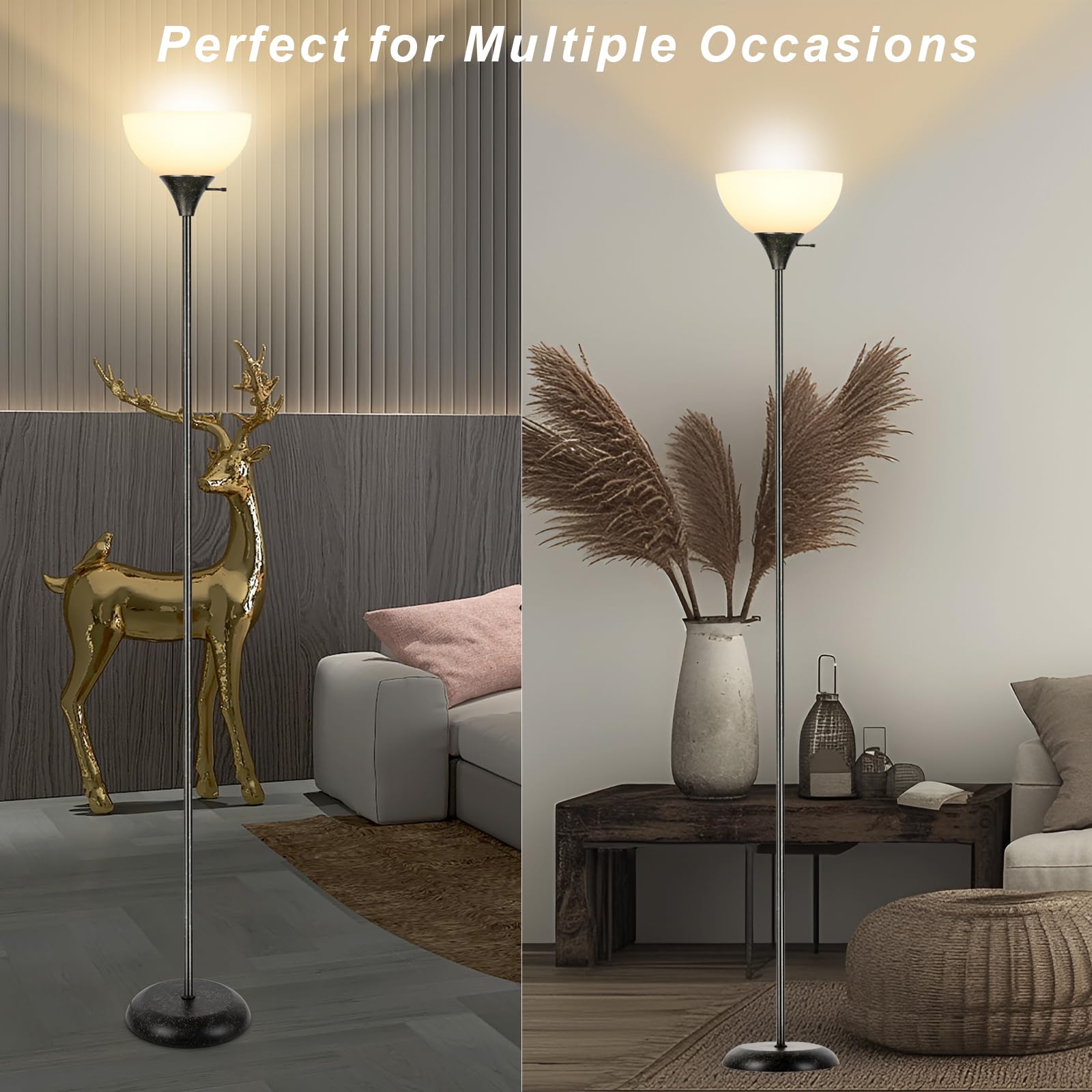 RISLG Industrial Floor Lamp - 3-Level Dimmable, Metal, 70.8in, Retro White Lampshade, Model RG005 for Living Room, Bedroom, Office