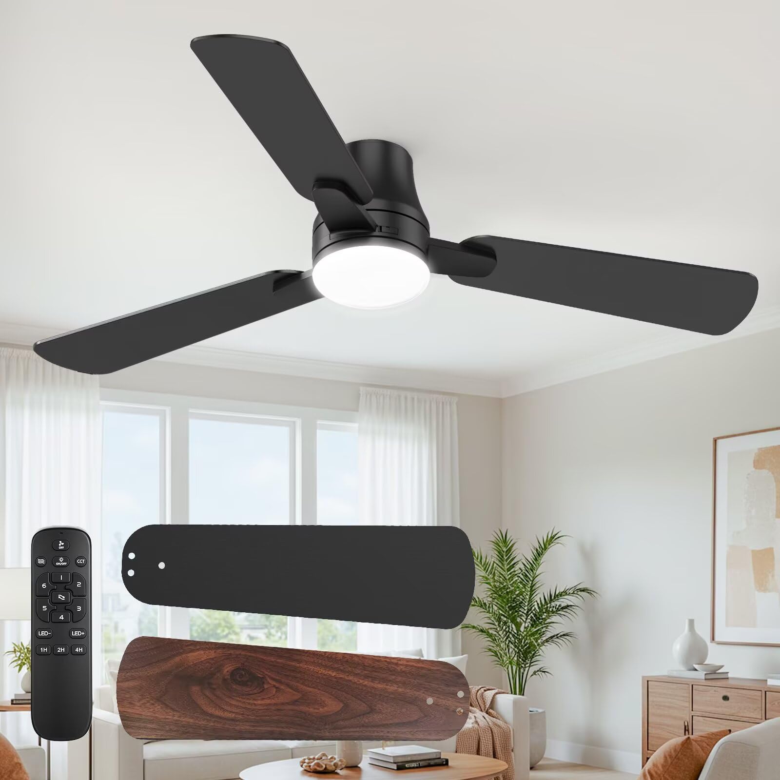 OSTIVE 42 Inch Black Ceiling Fan with Lights, Remote, Quiet Reversible DC Motor & 3CCT Dimmable LED, Model FL42302