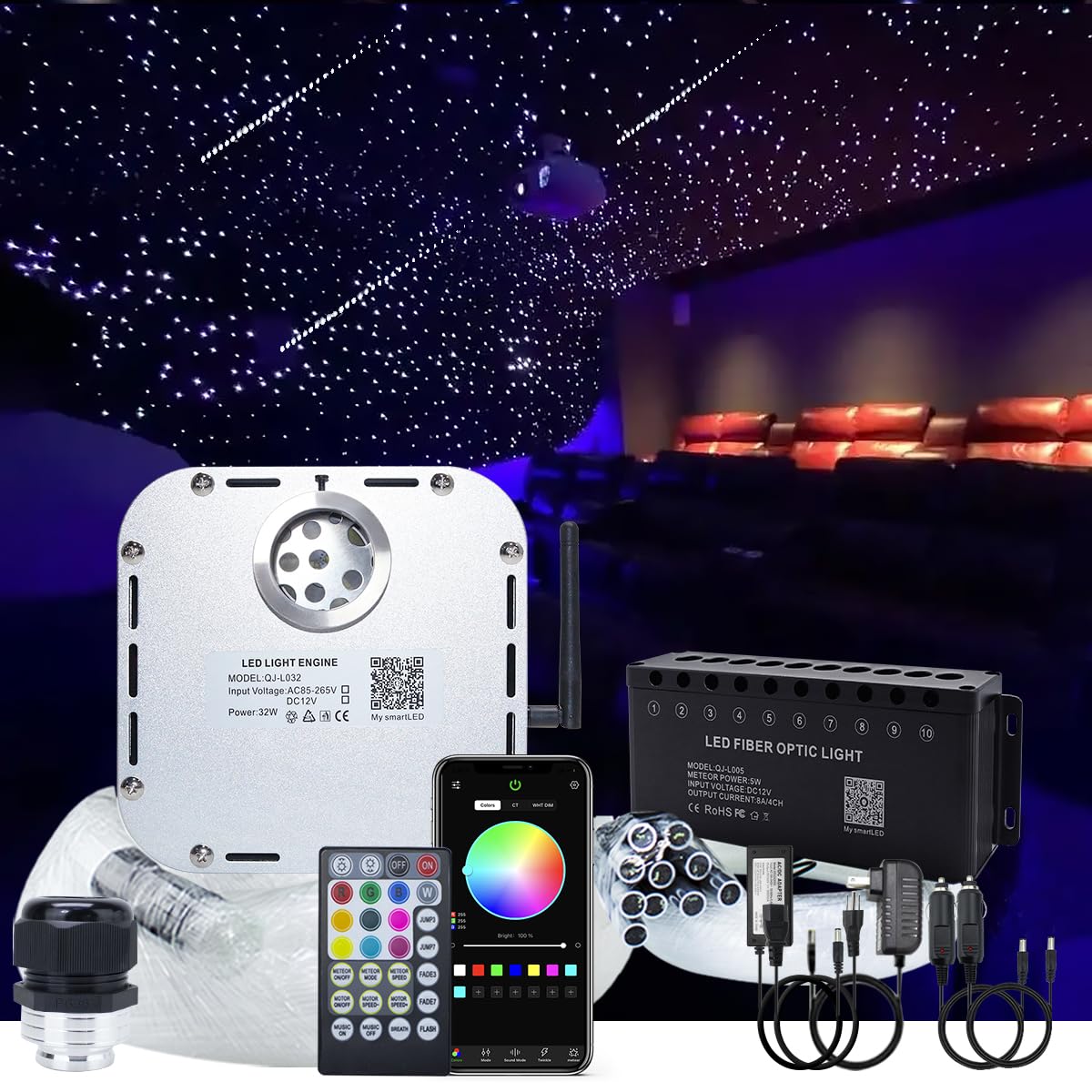 AKEPO 32W RGBW Twinkle+Bluetooth App Control+Music Mode+Meteor Shooting Star Effect Fiber Optic Lights Kit, Star Ceiling Sky Lig