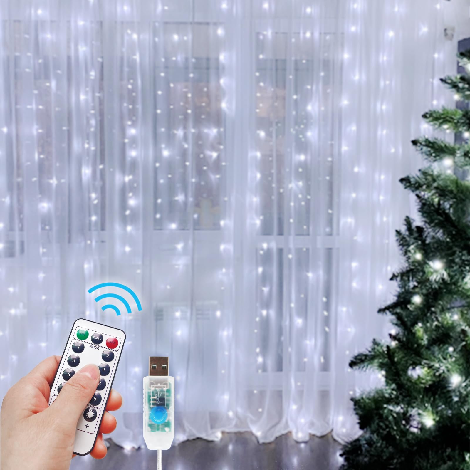 HOLITS 300 LED Fairy Curtain Lights, 9.8 x 9.8FT Cold White USB Plug in 8 Modes String Hanging Lights with Remote for Christmas, Bedroom, Indoor, Outdoor, Weddings, Party (Cold White)