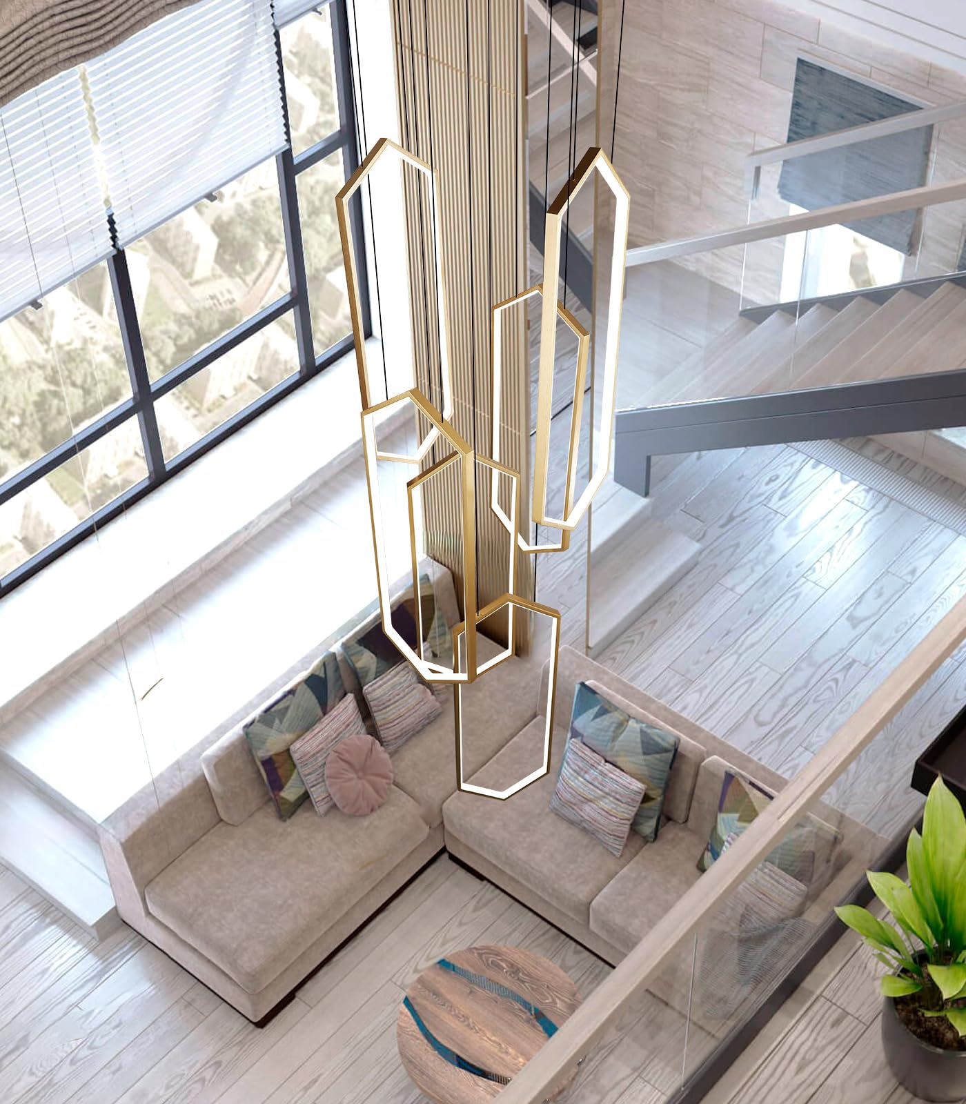 dolria 6-Rings Chandelier, Gold LED Light, Dimmable Flush Mount, 26"x9.4"x118", Modern Design for Living Room and Villa Foyer