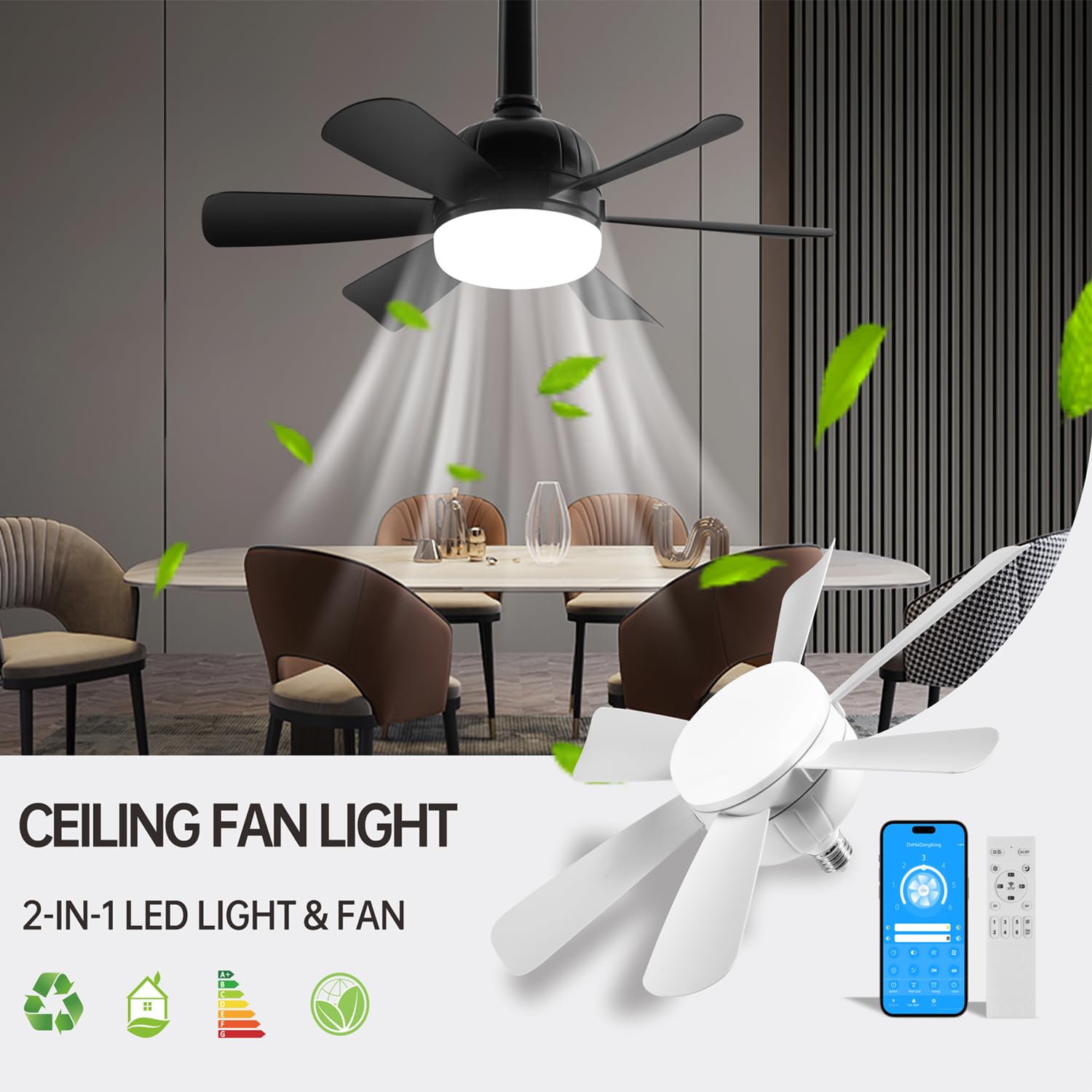Superyofo Socket Fan LED Ceiling Lights, 18inch, APP Control, Dimmable, 3 Color (3000K-6500K), White, E26 Bulb, 180