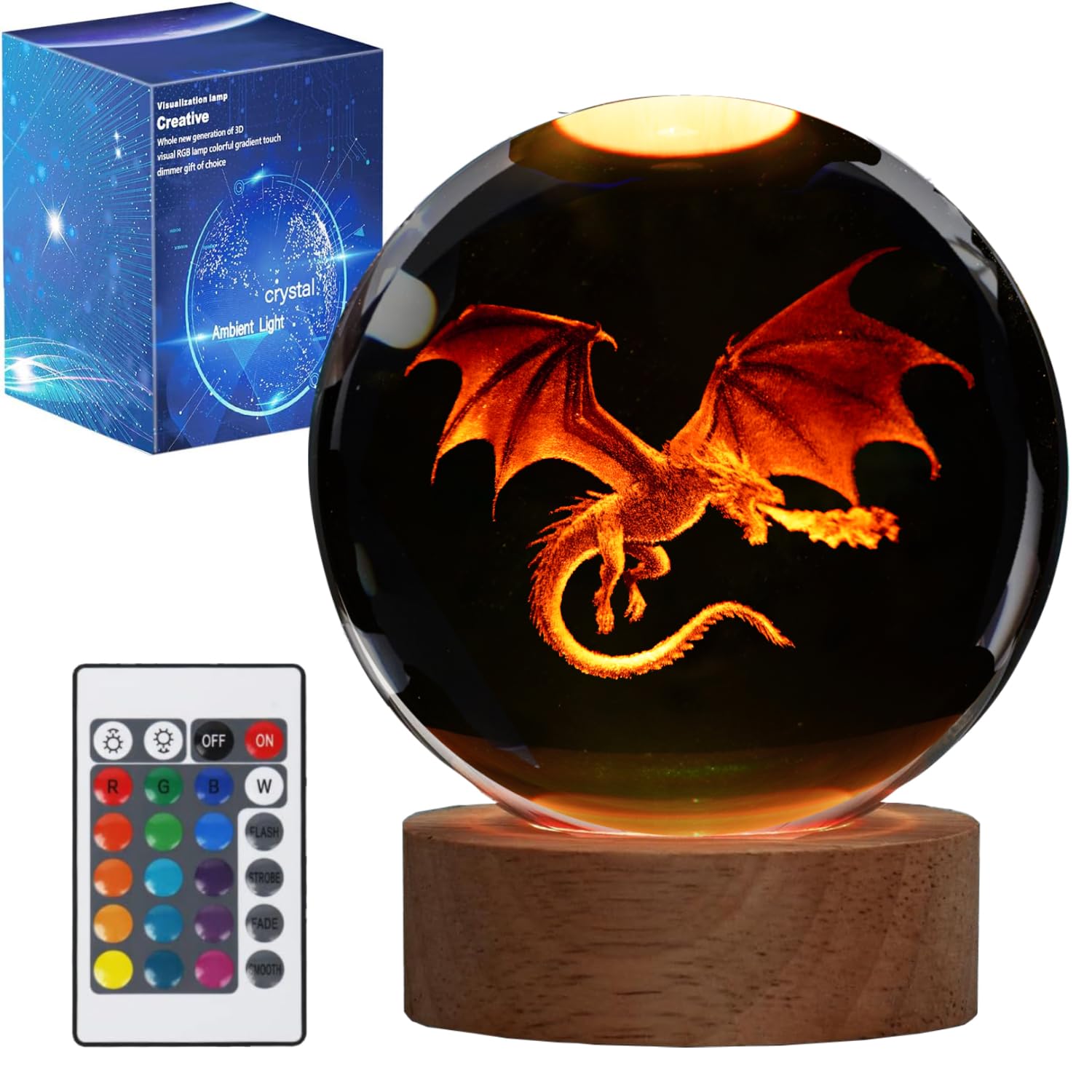 POSSHE Dragon Night Light, 3.15 Inch (80mm) Crystal Ball 3D Lamp with Remote 16 Color for Birthday Xmas Cool Figurines Dragon Gi