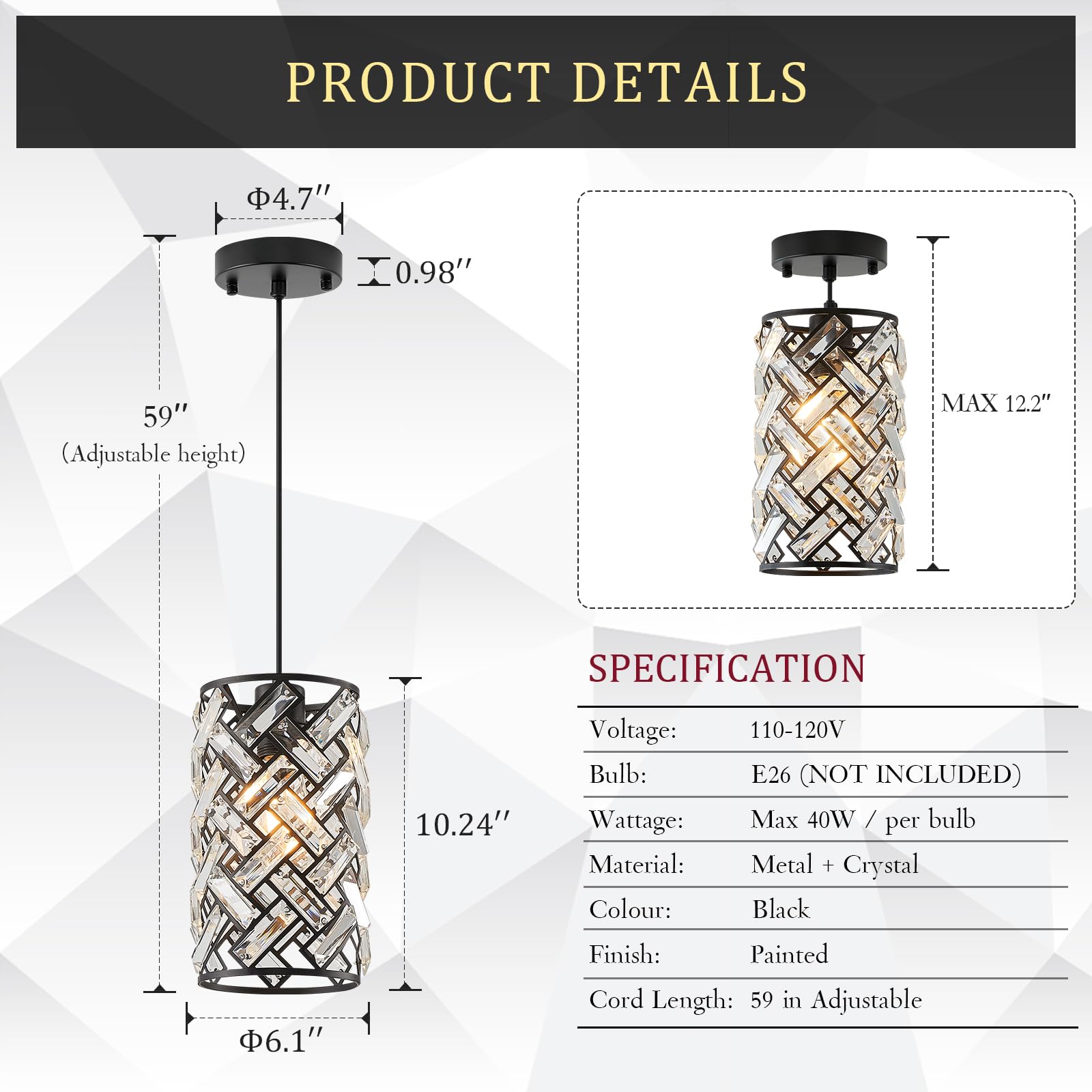 Catiner Modern Black Crystal Pendant Light Fixture - Mini Chandelier For Kitchen Island, Dining Room, Living Room, Hallway, Porc