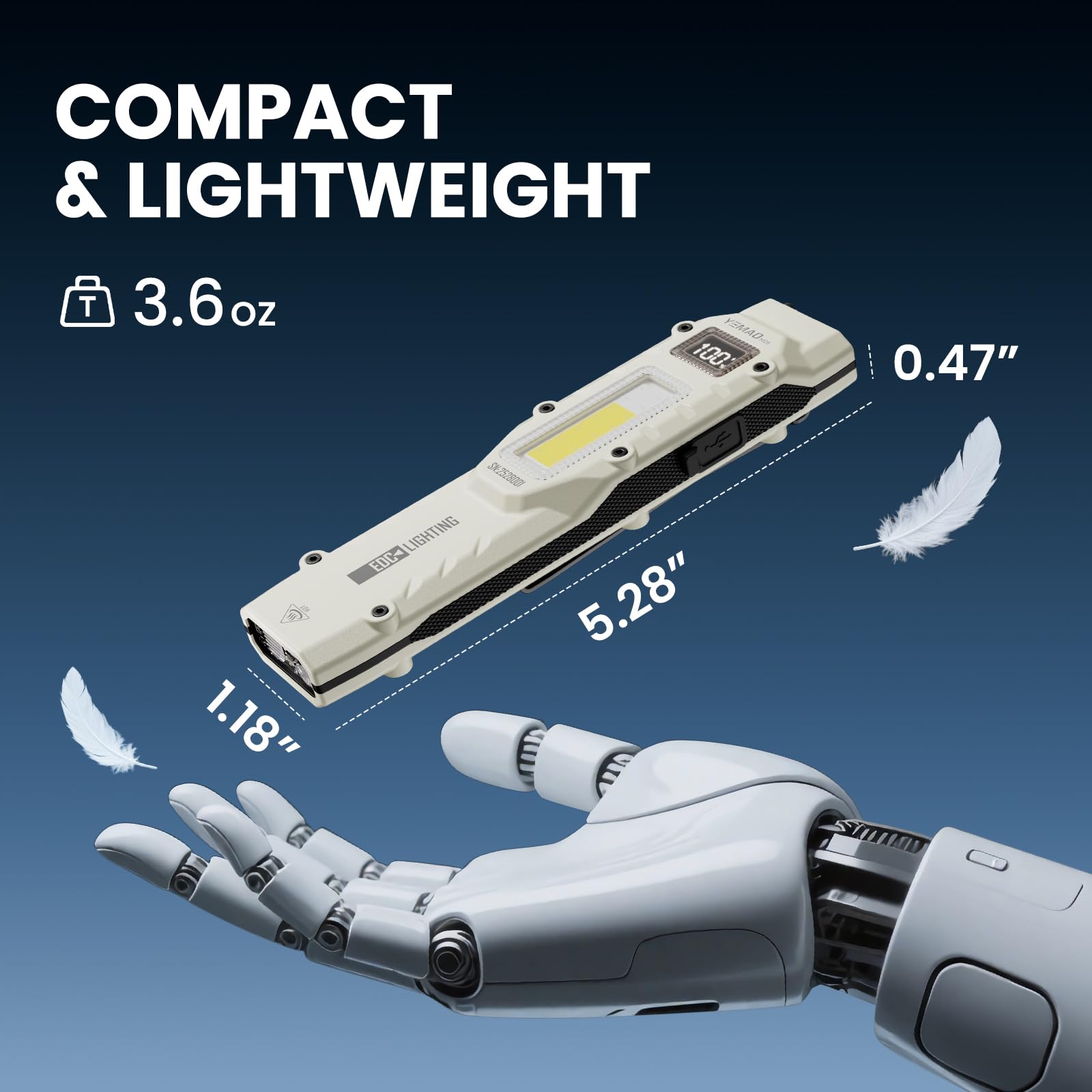 Yemao Flat Flashlight, Rechargeable Stainless Steel EDC Light, 880 Lumen, Pocket Size, White, Model YM-M28, 13 Modes for Home & Outdoor Use