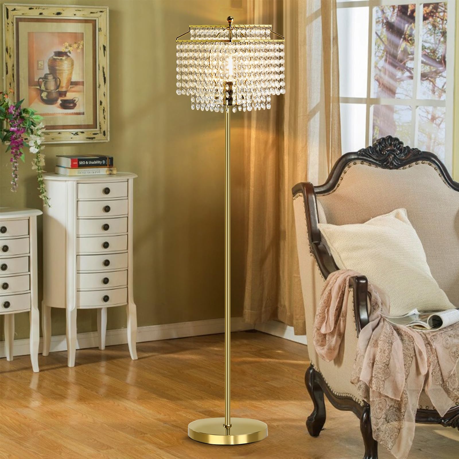 Luvkczc Crystal Floor Lamp - Elegant Gold Design, Double-Layer Lampshade, 8W LED Included for Living Room, Bedroom, Office