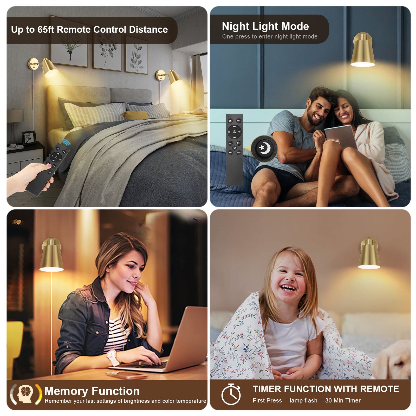VATONI Wall Sconces with Remote Control, Dimmable & Adjustable Color Temp, Gold, 2 Pack, Brass, Model Stlamp-Grs-2Re