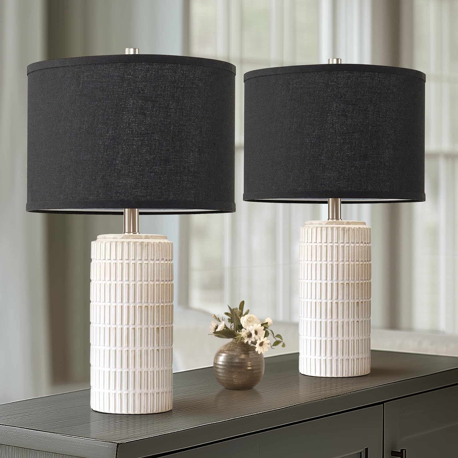 Aieampdo 23'' Set Of 2 Modern Ceramic Table Lamps, Minimalist Bedside Lamp, Rustic Nightstand End Table Lamp For Bedroom, Living