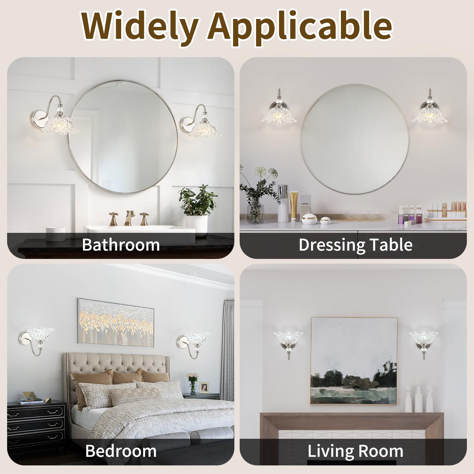 sunkryster Brushed Nickel Wall Sconce - 1-Light Modern Bathroom Vanity Light with Floral Clear Glass Shade, Model Sun-104AB-1-Nickel