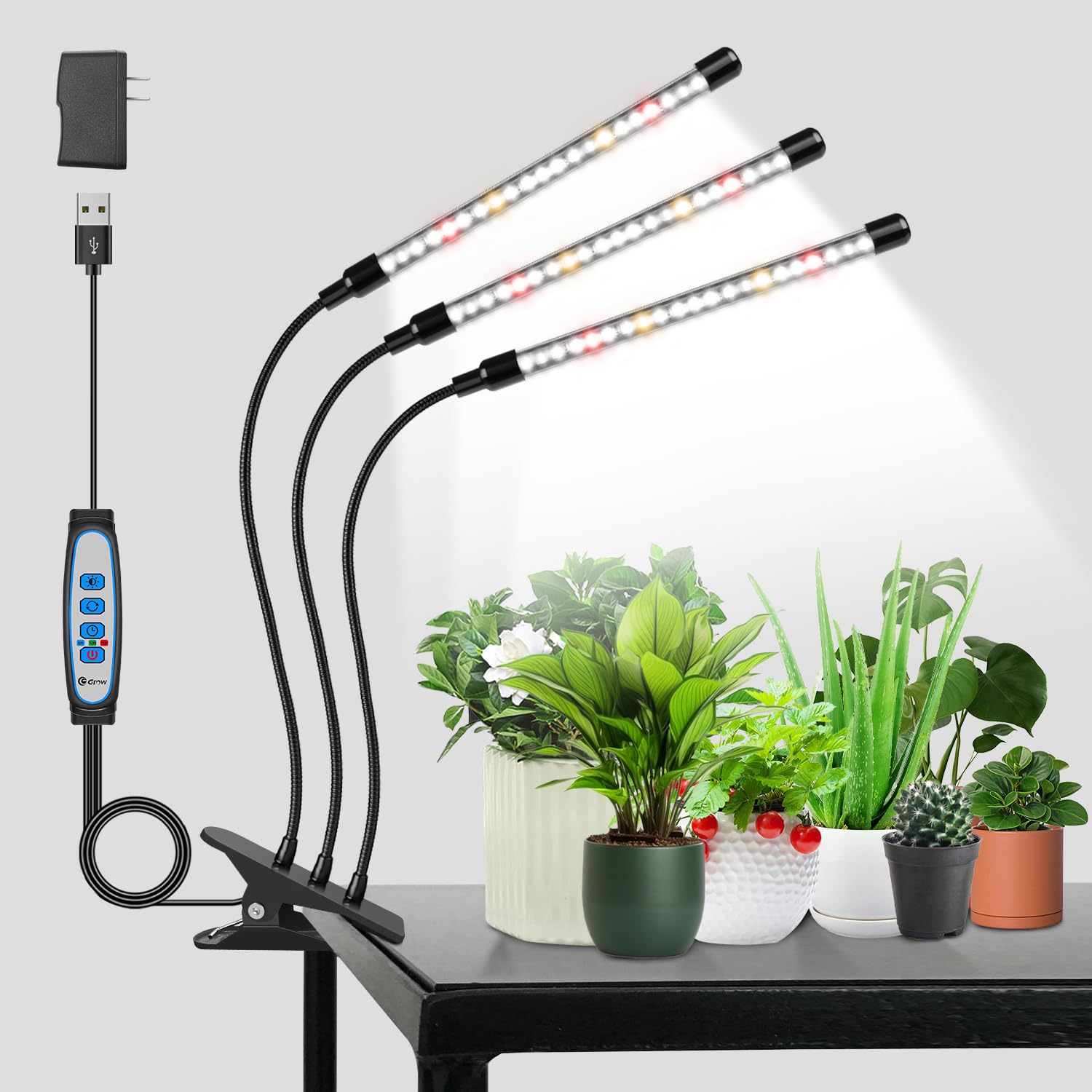 Wolezek Grow Lights For Indoor Plants Full Spectrum, 6000K 3 Head Plant Lights Indoor, Led White Plant Grow Lamp With Clip, Auto On & Off Timer 6/12/16H, 3 Light Modes, 5 Level Dimmable Brightness
