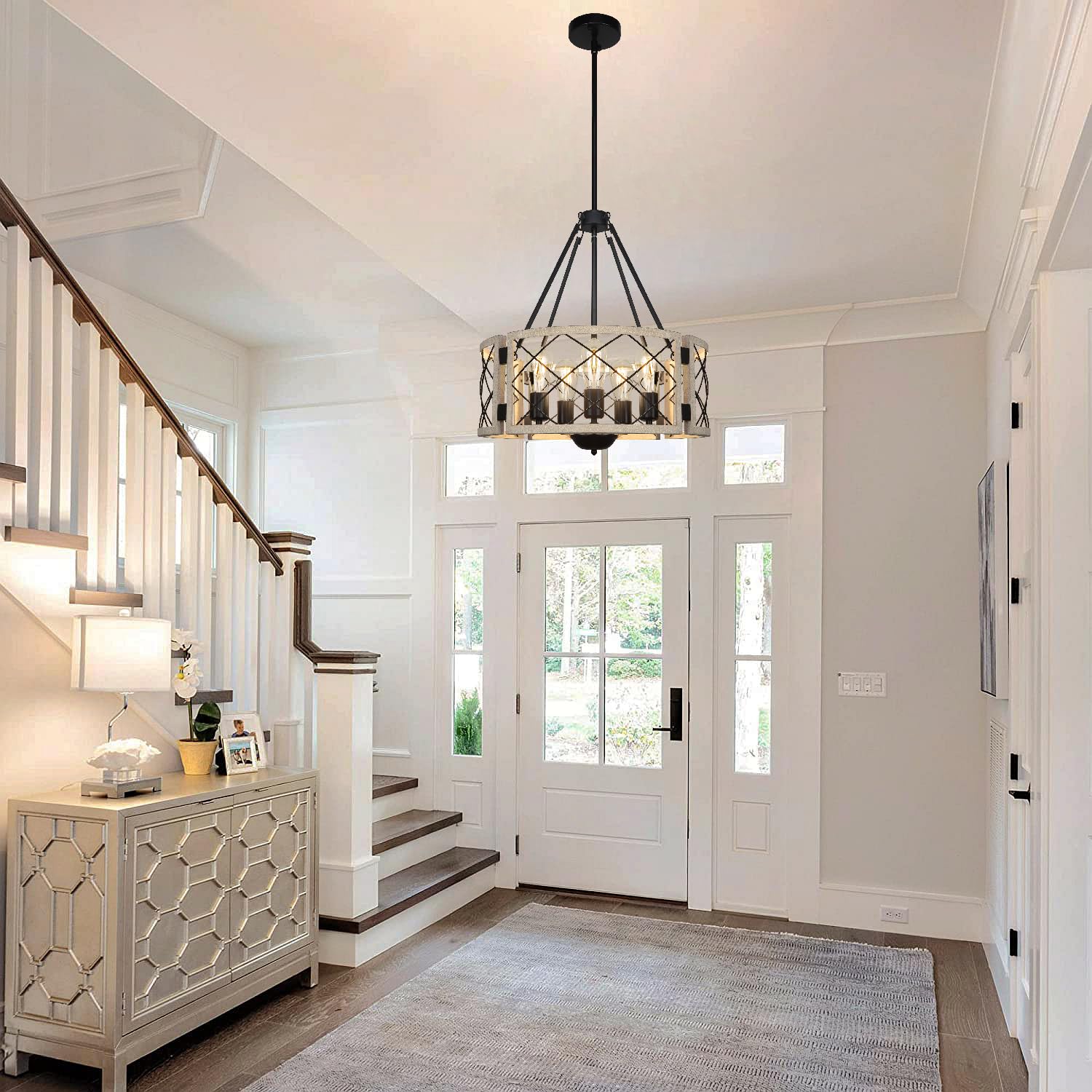 Sigaitwei 18.9 Farmhouse Drum Chandelier  5-Light Adjustable Dining Room Light Fixture Kitchen Island Lighting  Rustic Hanging Lights For Entryway Dining Room Kitchen Table Foyer Living Room.