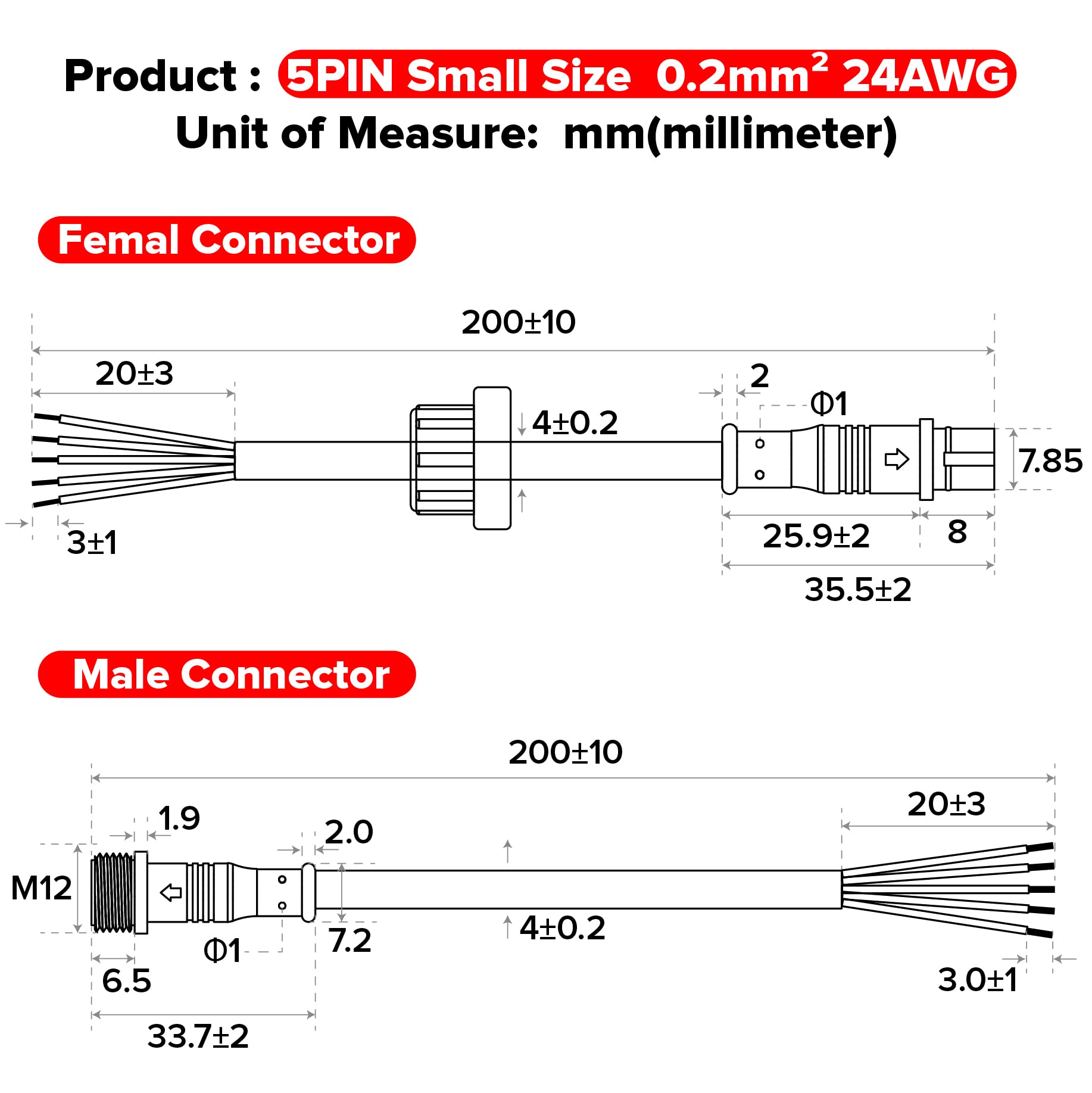 BTF-LIGHTING 5 Pin Electrical Connector, 24AWG, IP65, 20cm Extension Cable for Car/Truck/Boat, Small Size, Model WP5PINBS