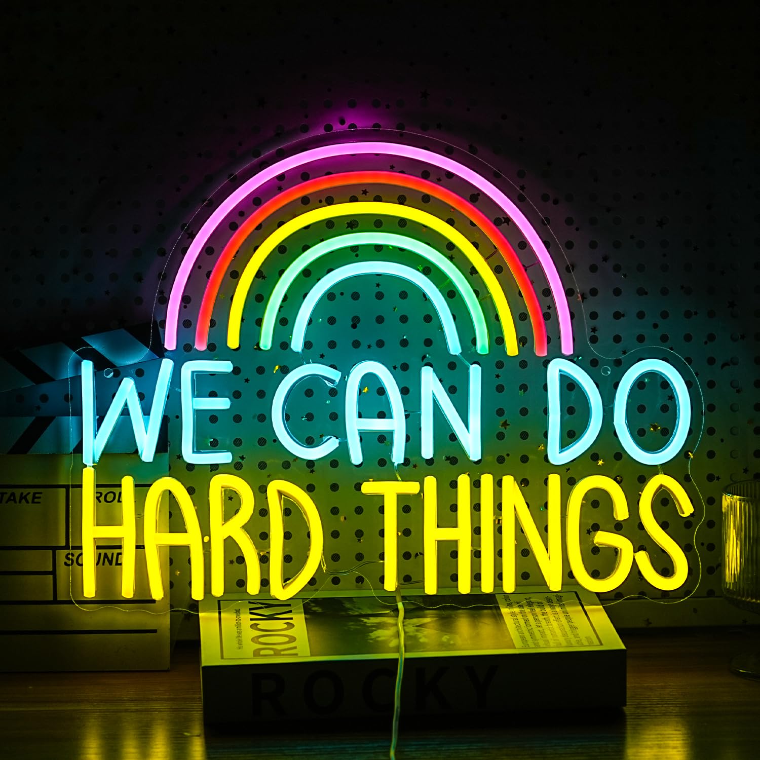 GNVETZLL Neon Sign for Wall Decor, USB Powered, Dimmable LED Light, 16.3x12.4In, Multicolored, We Can Do Hard Things Model