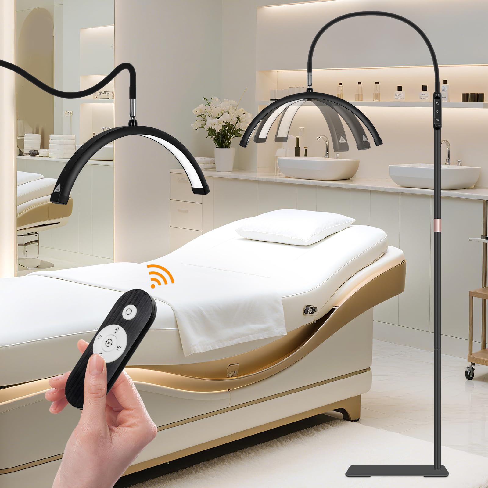 HITTI Lash Light for Eyelash Tech  Flexible Gooseneck LED Half Moon Floor Lamp for Esthetician & Artists Tattoo  Extensions  Nail  Beauty  Craft  Adjustable Height  Dimmable Brightness and Color-Black