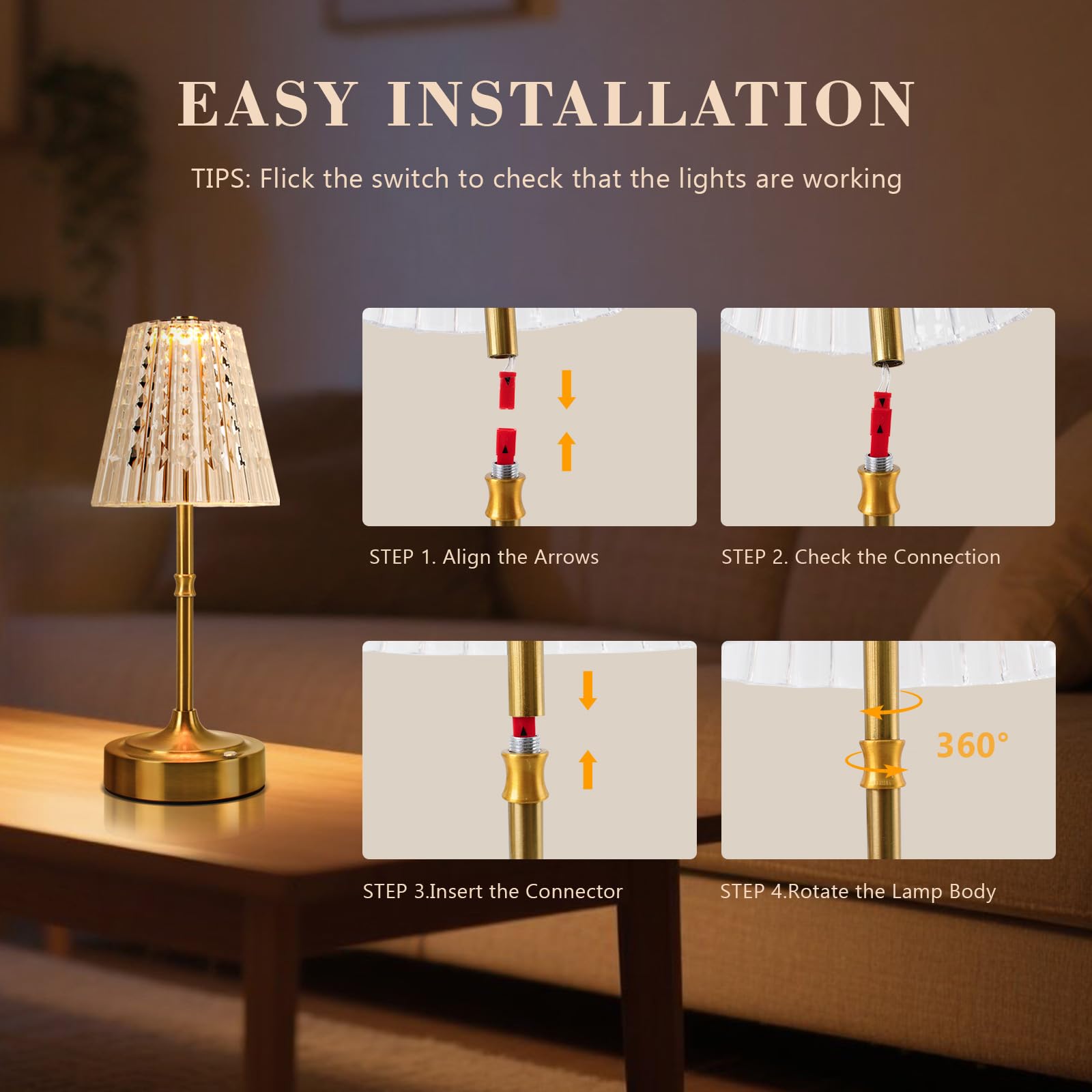 Gkeiten Touch Cordless Table Lamp Rechargeable  3600Mah Battery Operated Small Crystal Lamp  3 Color Dimmable Vintage Gold Table Light For Bedroom/Kitchen/Gift For Home D?Cor ((stylish Style)