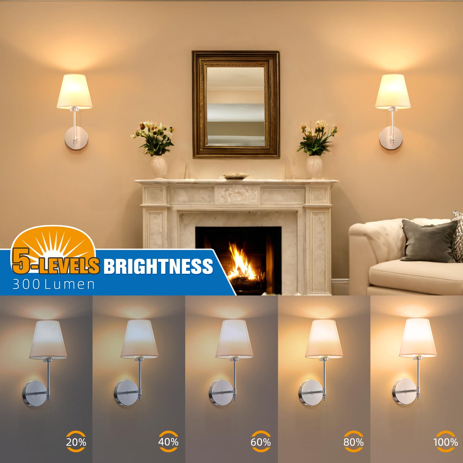 NIORSUN Wall Sconce Set of 2, 14.5 inch Brushed Nickel, Rechargeable Dimmable Bulbs, Model SW017