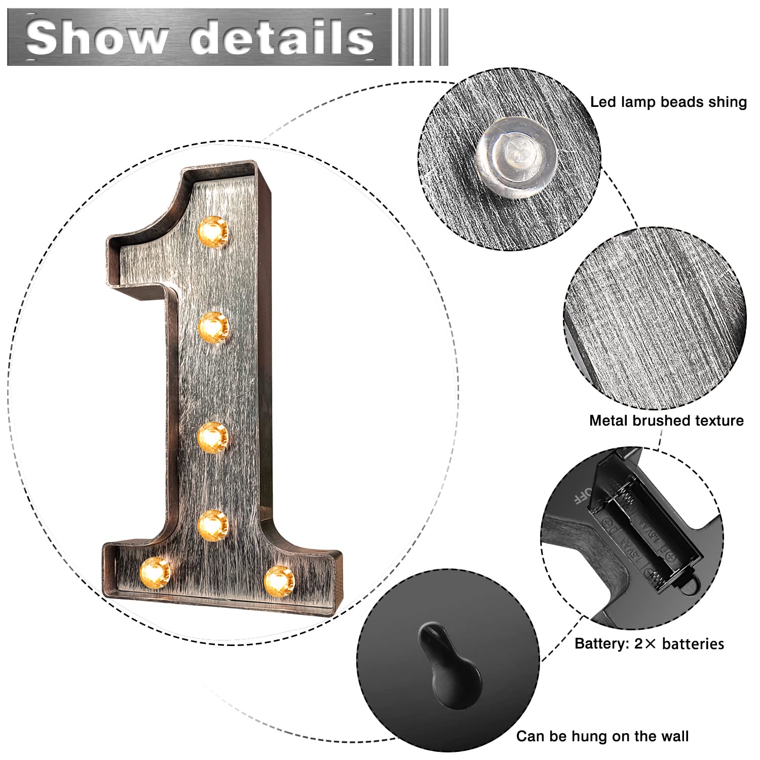 Brushed silver gray LED Number Lights Light Up Number Sign for Night Light Wedding/Birthday Party Battery Powered Christmas Lamp