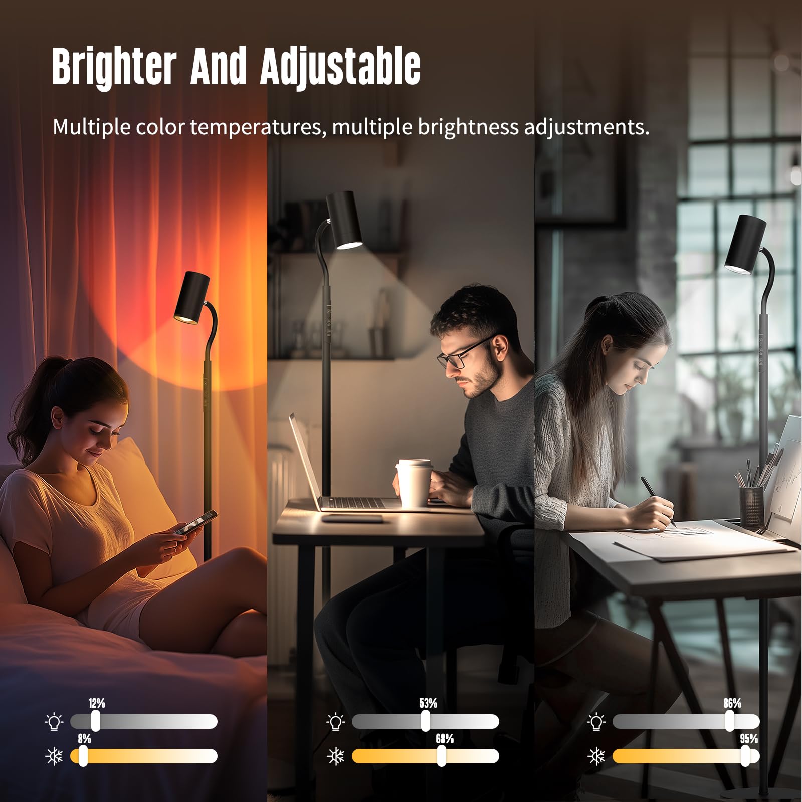 Glowrium Led Floor Lamp, Professional Eye-Caring Reading Light, 360 Rotating Gooseneck Lamp, 5 Color Temperatures And Stepless D