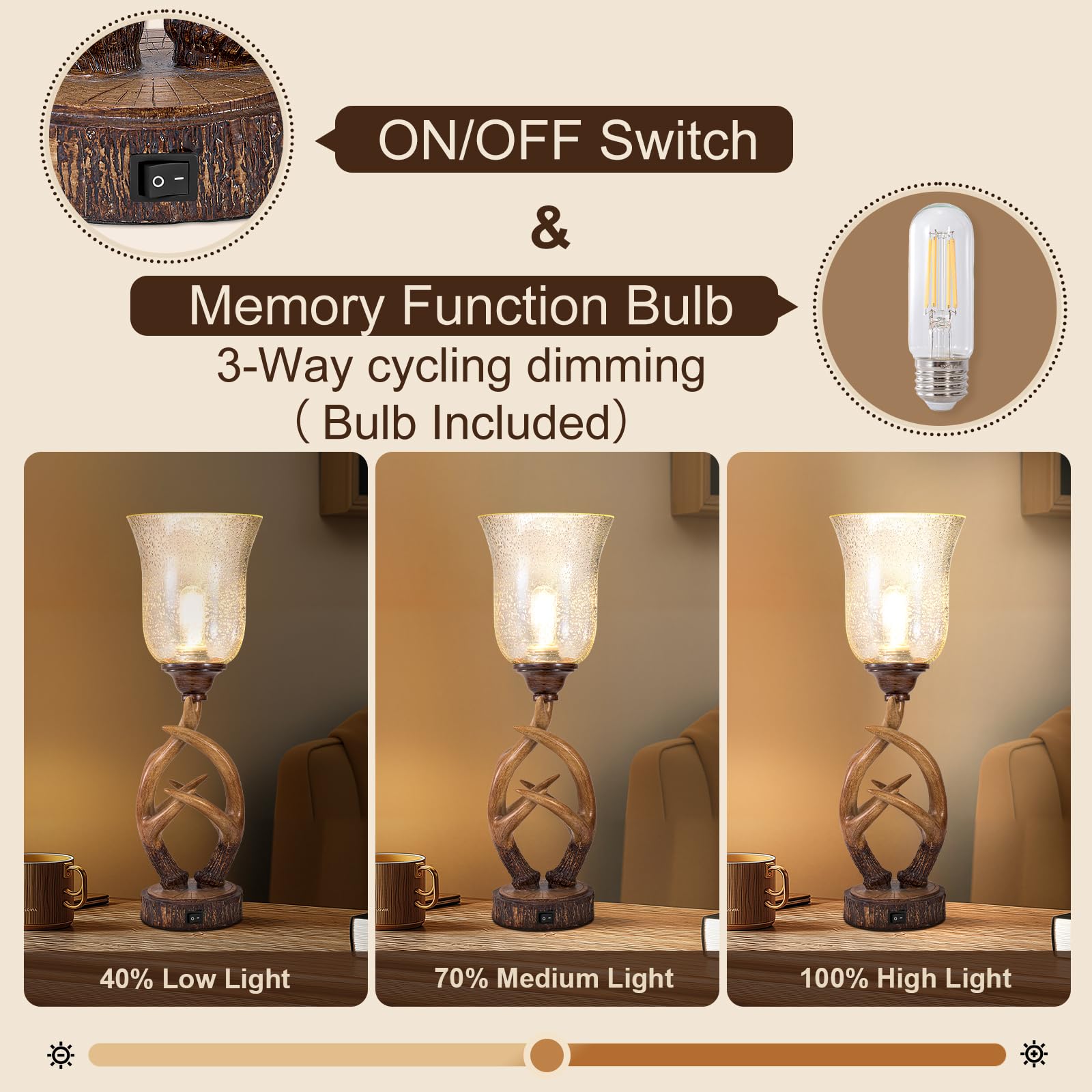 Scenekoy Antler Table Uplight Lamp, 20.5” Resin with Glass Shade, Brown-5, USB Ports, Rustic Nightstand Lighting (Bulb Included)