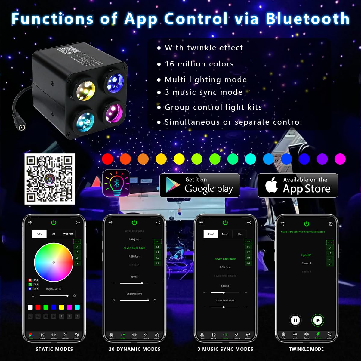 AKEPO RGBW Twinkle Fiber Optic Light Source, 36W, Multicolor, Model QJ-L036, Bluetooth Control, Music Activated, 4 Ports