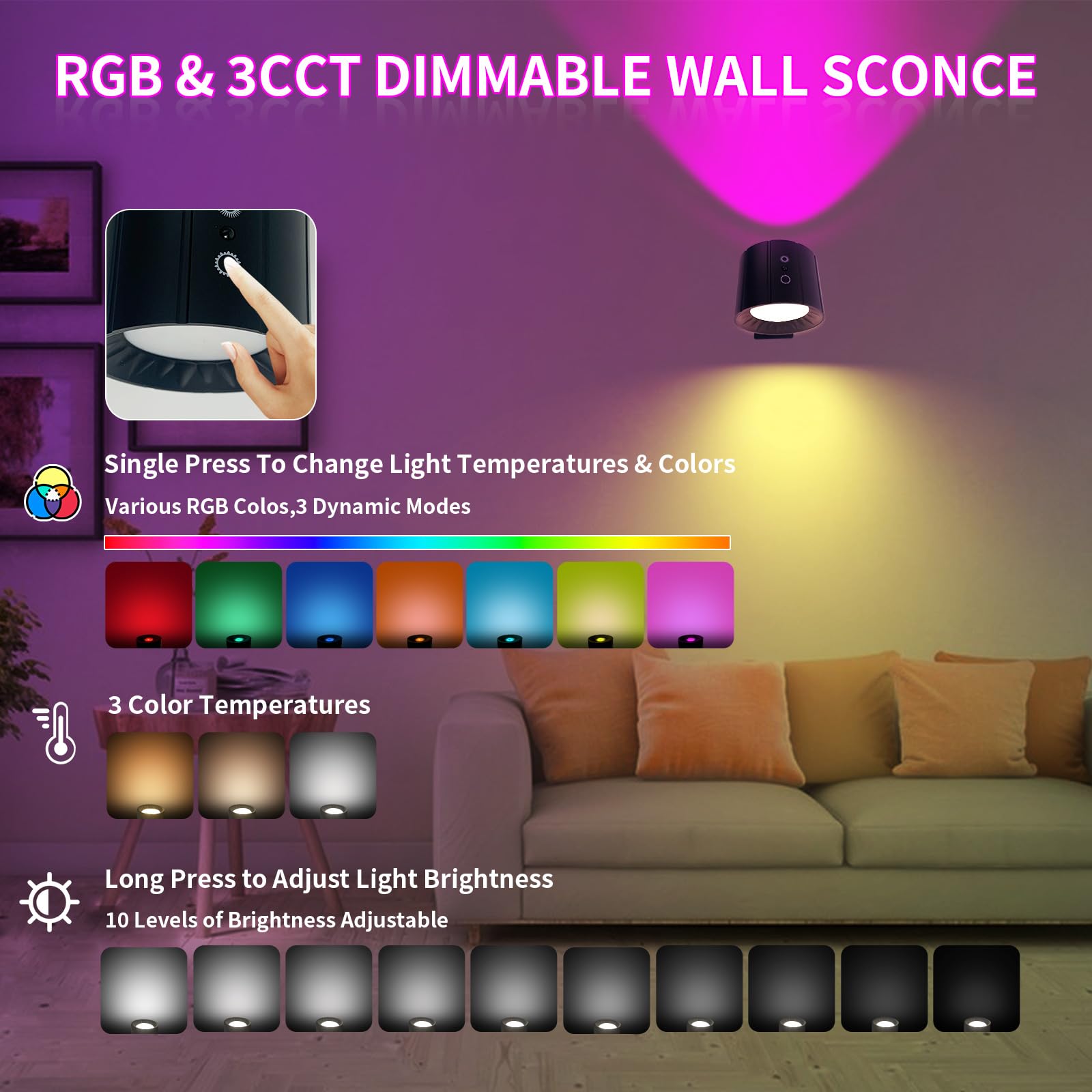 Leastyle Battery Operated Wall Sconces Rechargeable Wall Mounted Lights,Rgbw & 3 Color Temperatures Double-Sides Wall Lights,Dim