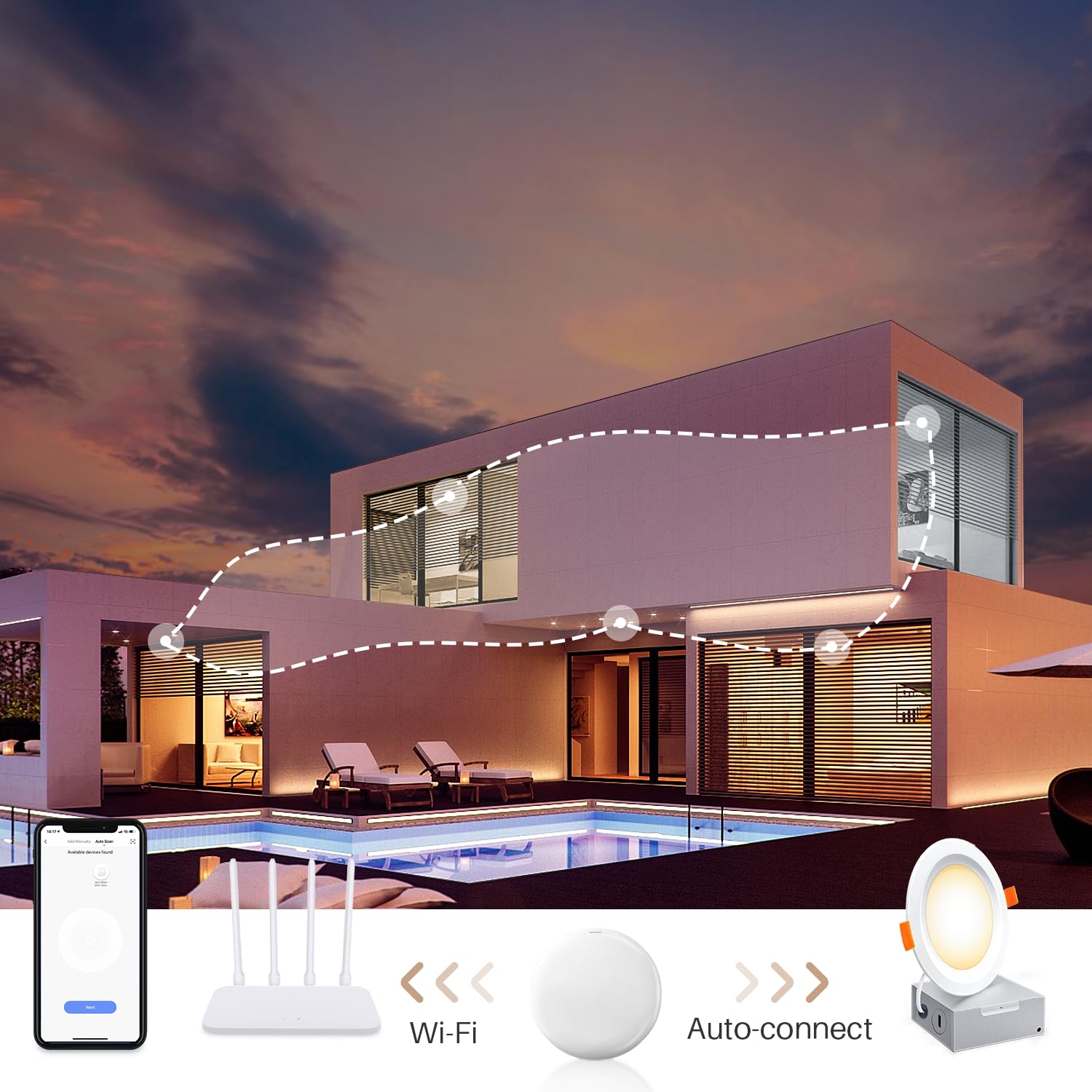 Peteme LED Smart Recessed Lighting, 4 Inch IC Rated, 800LM, Color Changing, Metal, 6 Pack, Model SG-SML10W-C01