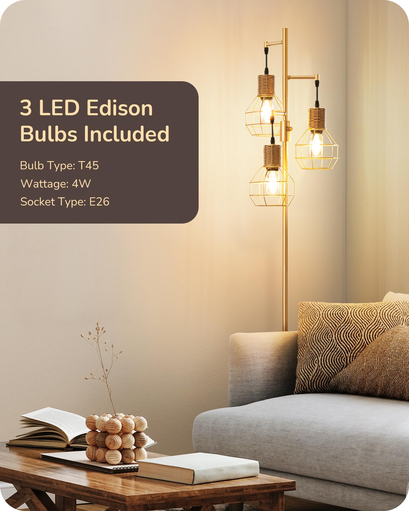 Edishine Dimmable Farmhouse Floor Lamp For Living Room, Industrial Standing Lamp With 3 Led Edison Bulbs, Corner Rustic Rattan T
