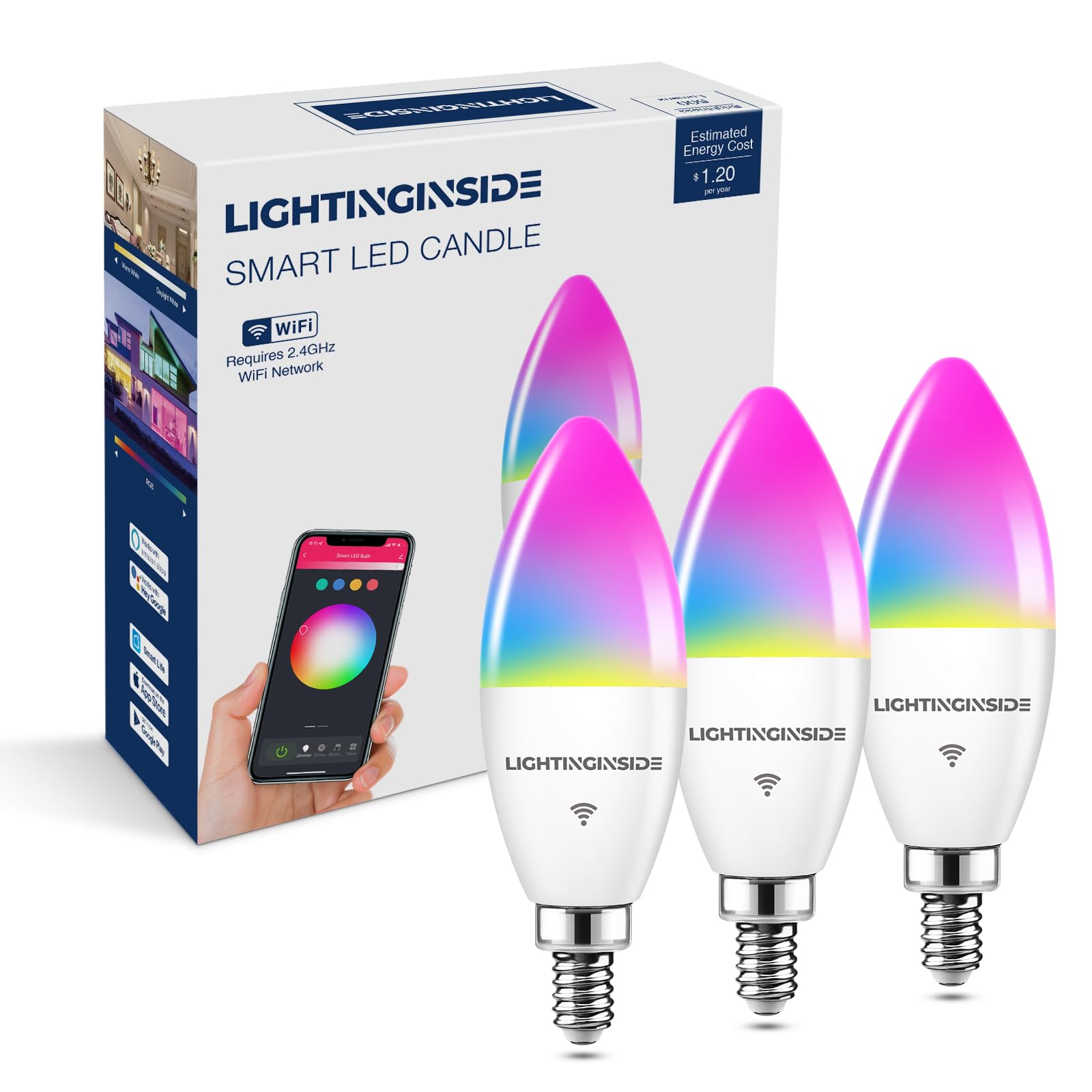 Lightinginside E12 Smart Bulbs, 60W Equivalent, 3 Count, APP Control, RGB, 2700-6500K, Candelabra LED, 2.4GHz Wi
