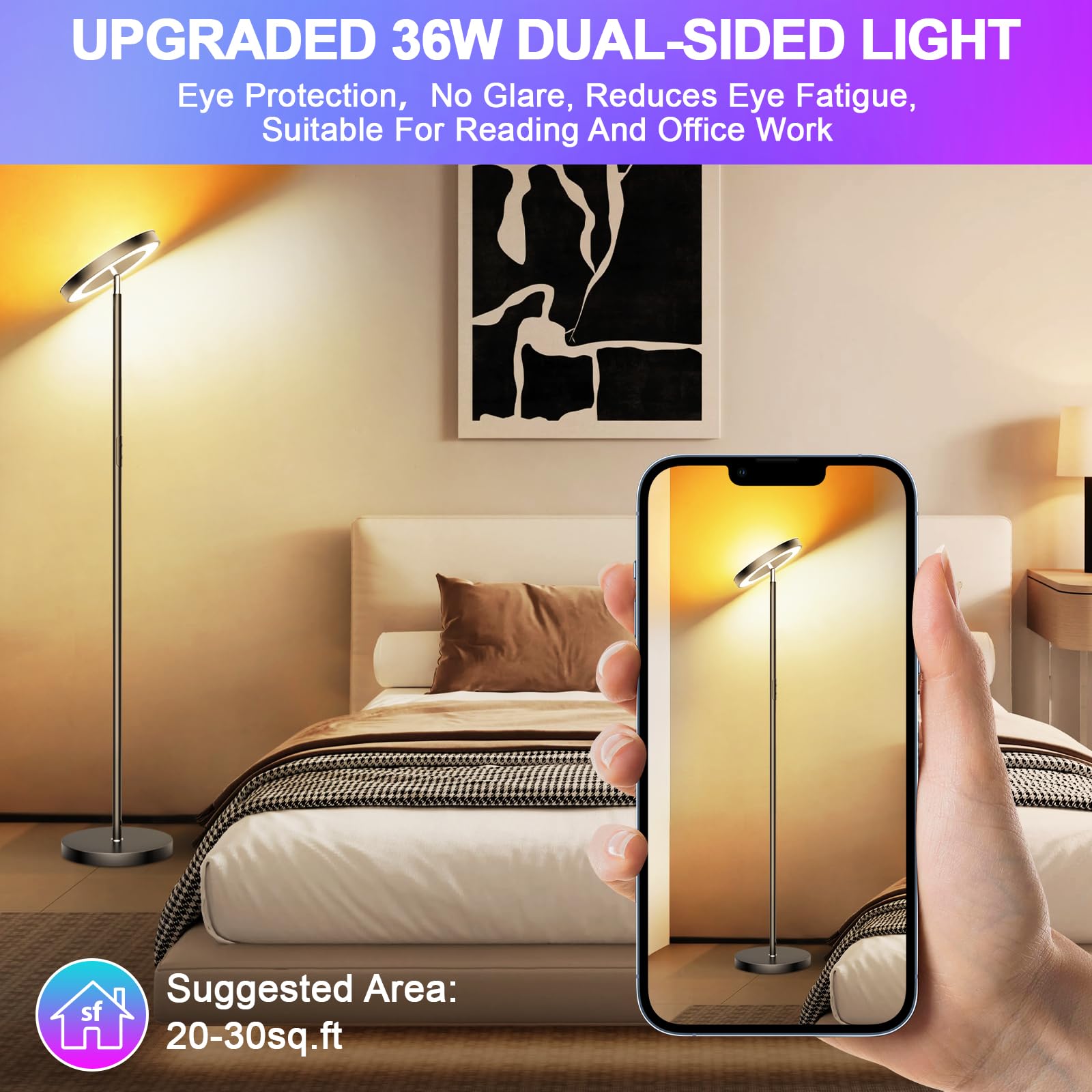 Caupel Smart RGB Floor Lamp, 36W/3000LM LED, Black, Alloy Steel, App & Remote Control, Modern Dimming Torchiere for Living Room