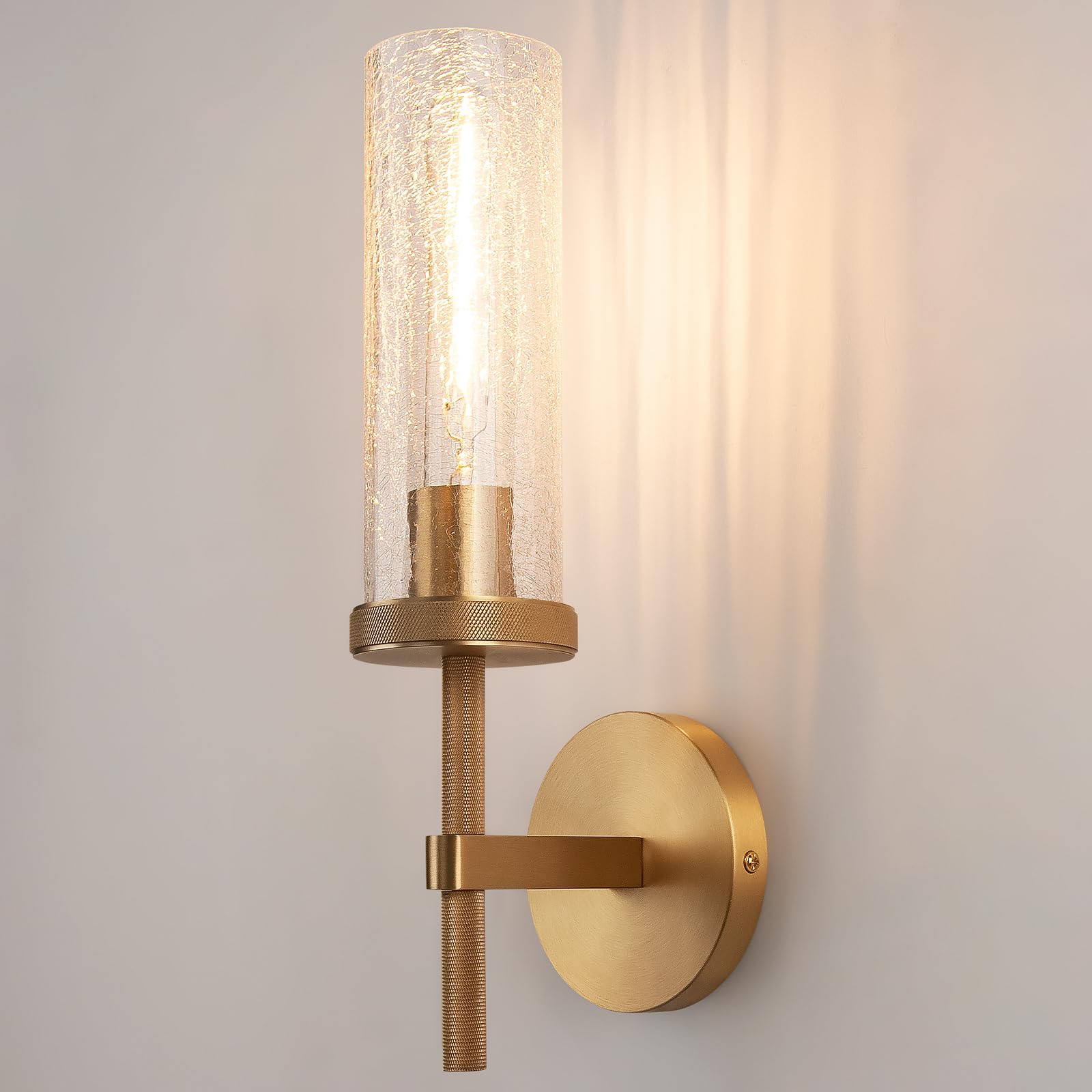 Vookea 15 Knurled Brass Wall Sconce with Crackle Glass Tube, Gold Bathroom Vanity Light Fixtures, Modern Lamp Lighting for Bedro