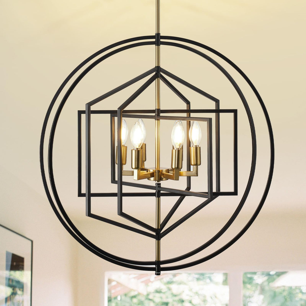 26'' Farmhouse Chandelier, 6 Light Black And Gold Chandelier For Entryway, Industrial Foyer Lighting Fixtures, Large Chandeliers