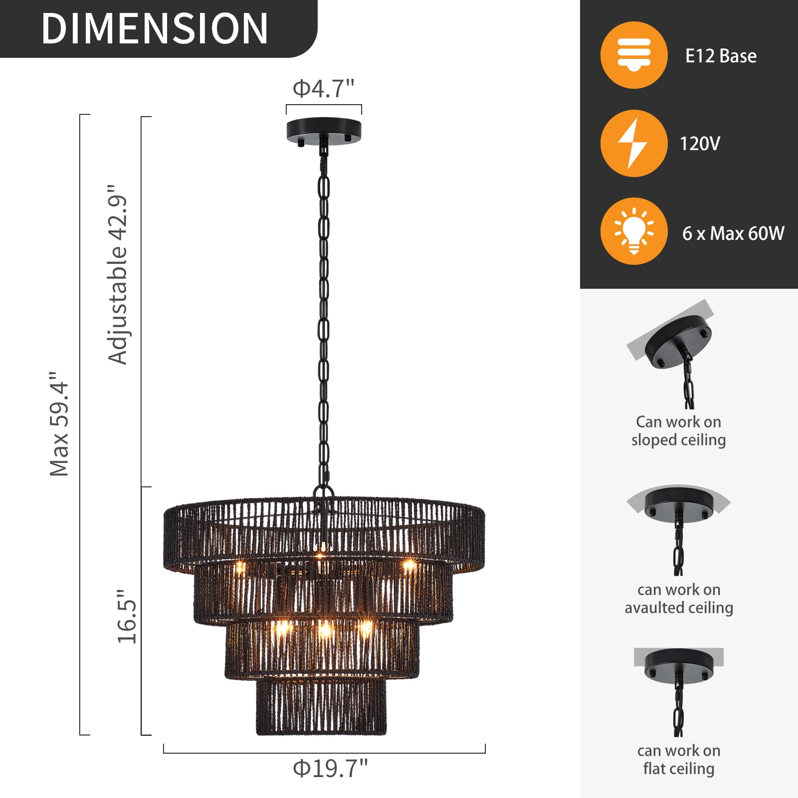 Yomecoo Black Rattan Chandelier Vintage Farmhouse 6-Lights Boho Hand-Woven Bamboo Black Chandeliers Light Fixture Retro Drum Wic