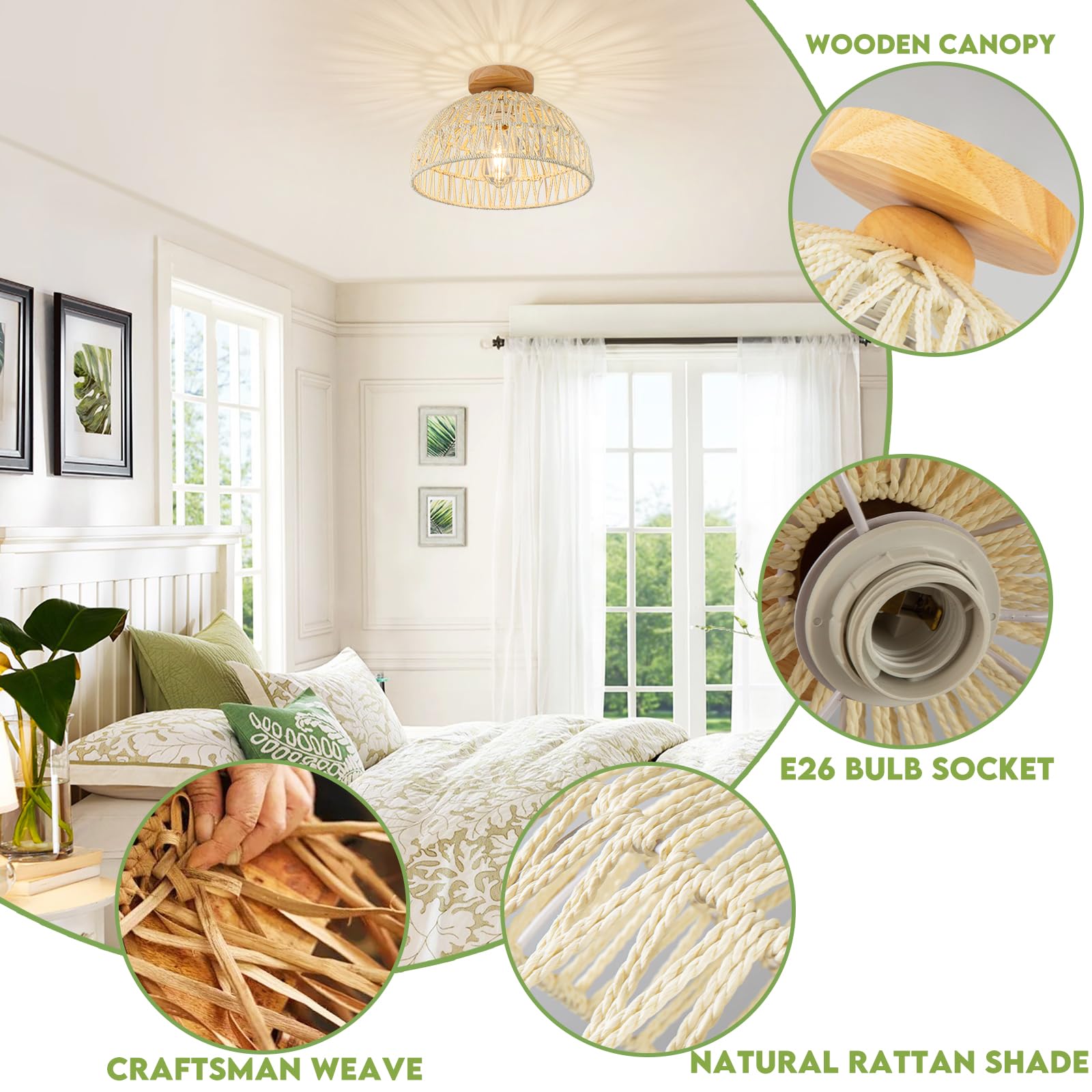 Rattan Ceiling Light Fixtures Small Boho Chandelier Lights Cream White Flush Mount Ceiling Light Wooden Canopy Bohemian Woven Ch