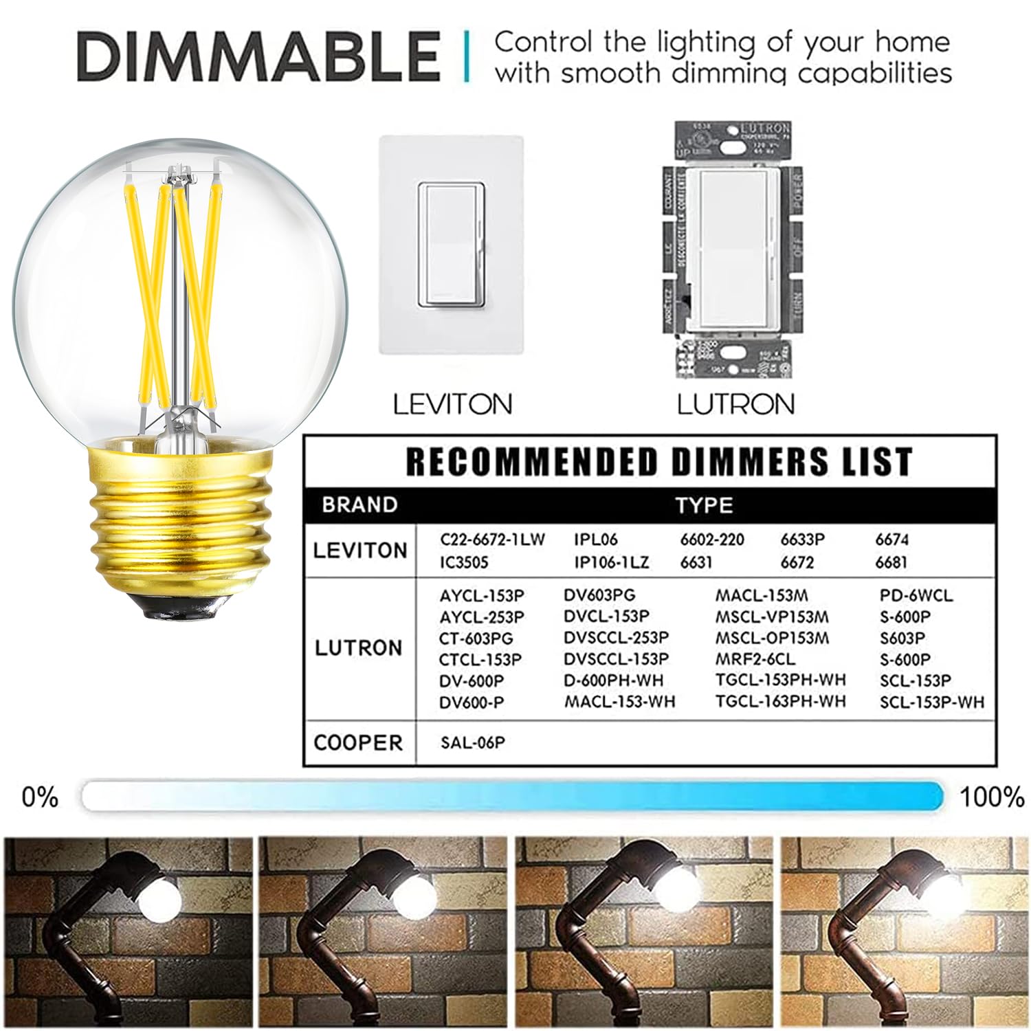 Leools Dimmable E26 Led Bulb 4W Equal E26 40 Watt Light Bulb,E26 Globe Edison Light Bulbs,Daylight 4000K G16.5 Light Bulb Led Fo