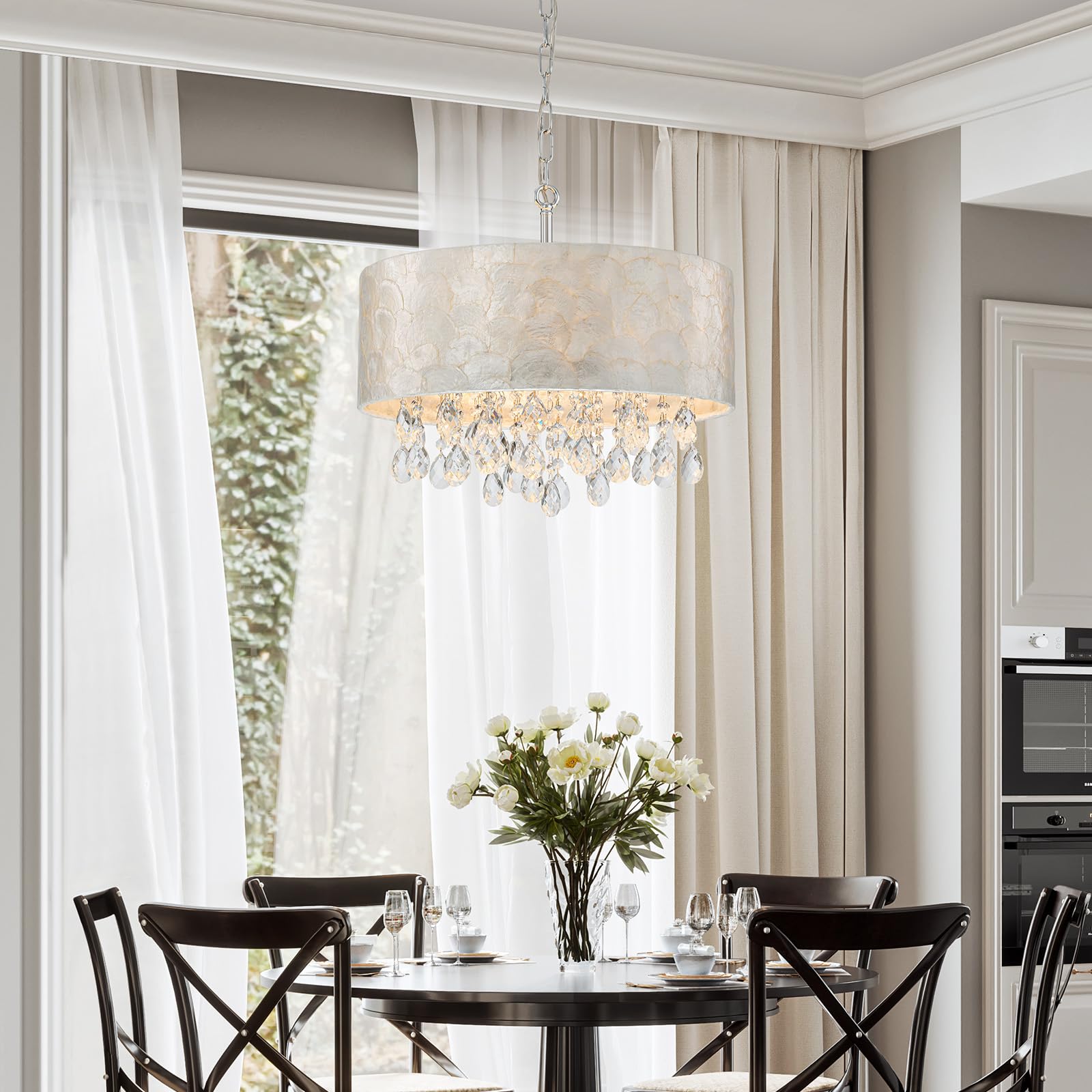 LumFurn 3-Lights Capiz Shell Chandelier, Adjustable Drum Light Fixture, Chrome Finish, D12 x H19~49" for Dining Room, Living Room, Bedroom