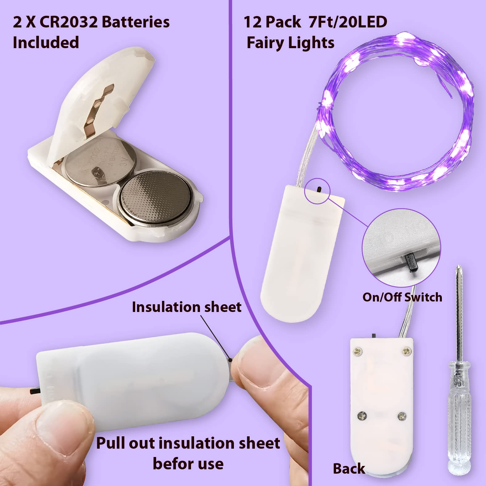 HXWEIYE LED Fairy Lights 12 Pack, 7ft 20LED Waterproof Purple Mini String Lights for Mason Jars, Model HY100150-20-purple