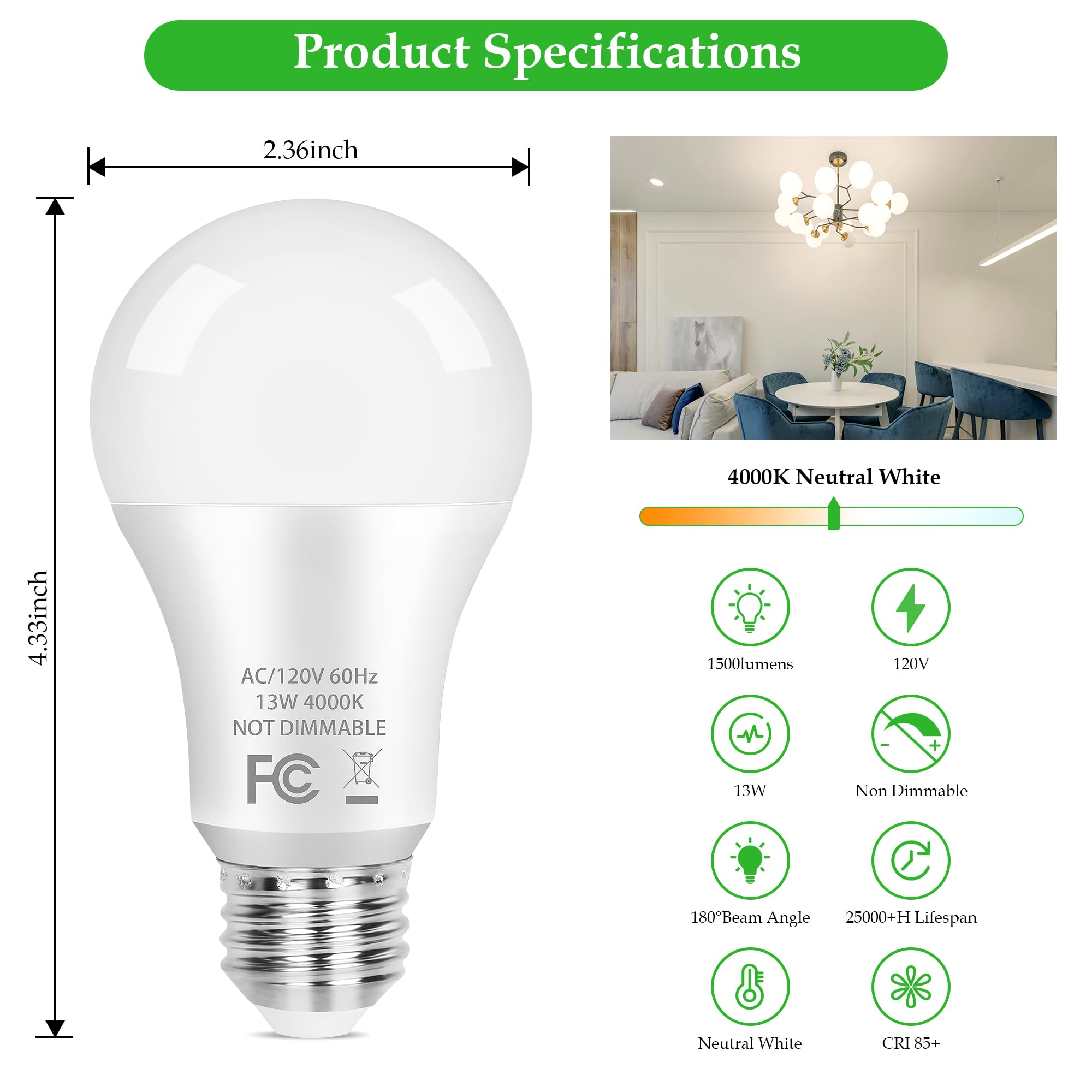 Partphoner A19 Led Light Bulb, 100 Watt Equivalent Led Bulbs, 13W Neutral White 4000K, 1500Lm, E26 Standard Base Non-Dimmable Wh
