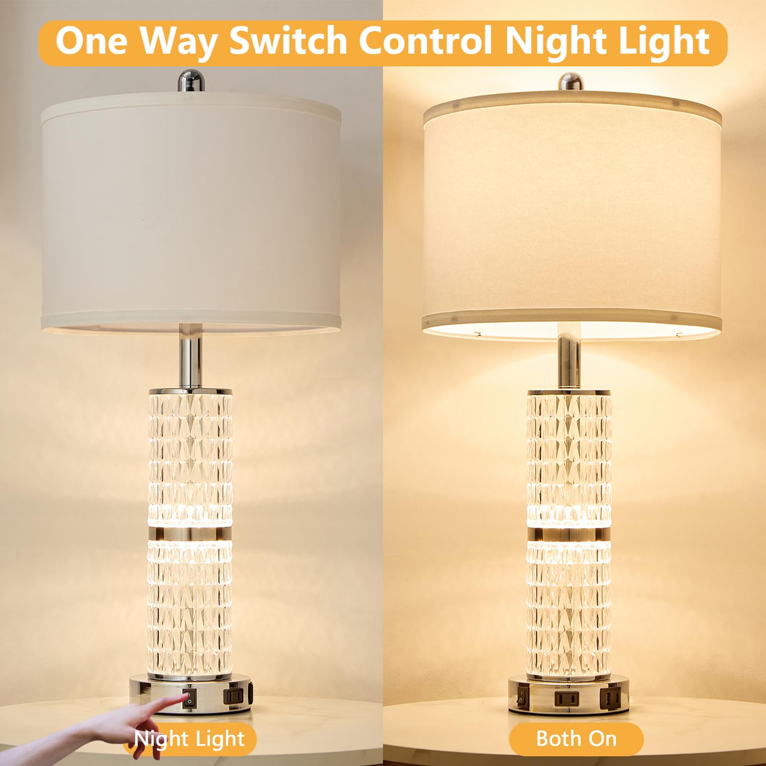 SAIWEYA Crystal Table Lamp, Modern 3-Way Dimmable Touch Lamp with USB Ports, 27" Silver, for Bedroom & Living Room Nightstand