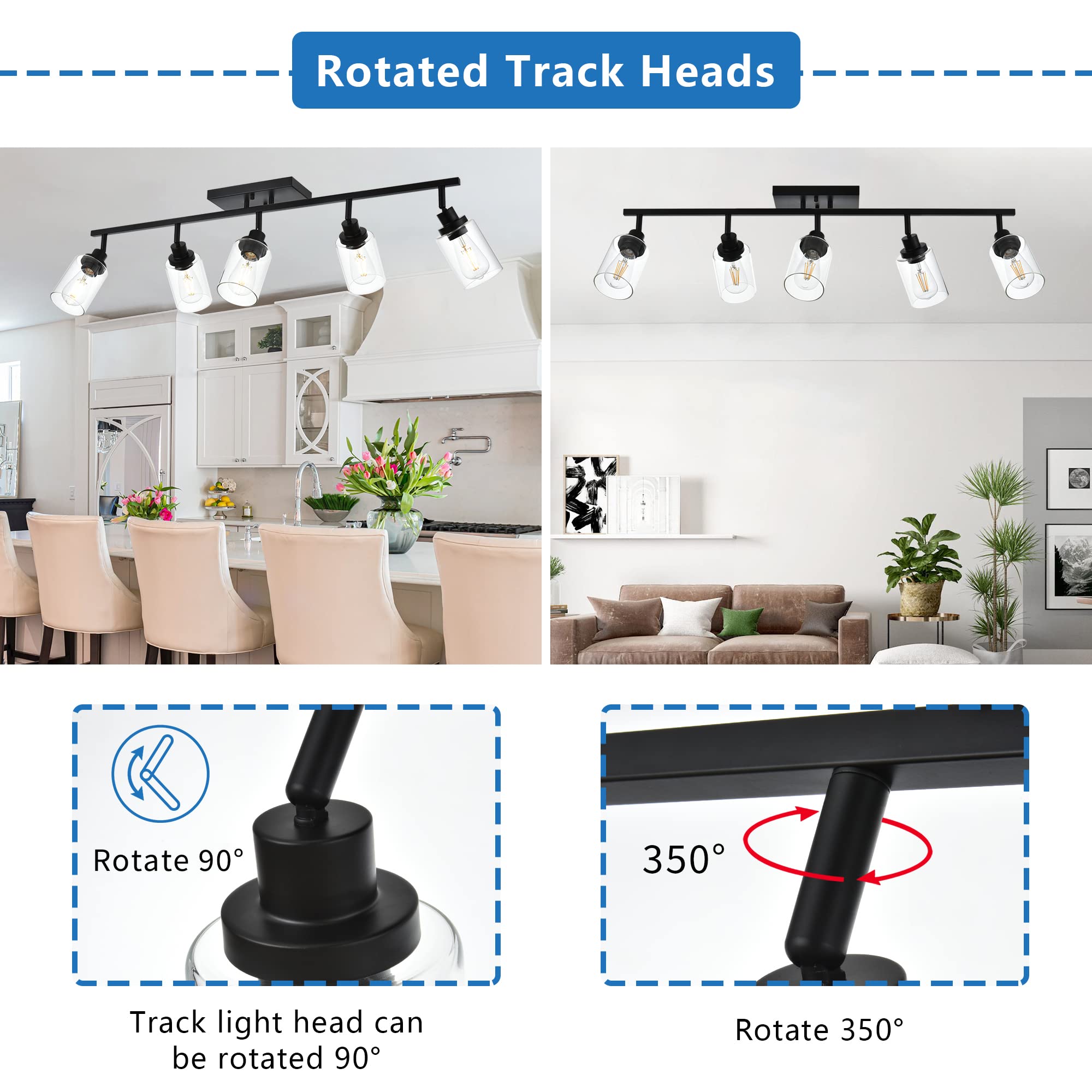 Melucee 5 Light Vanity Lights For Bathroom With Rotatable Light Head, Black Ceiling Light Fixture With Clear Glass Shade, Modern