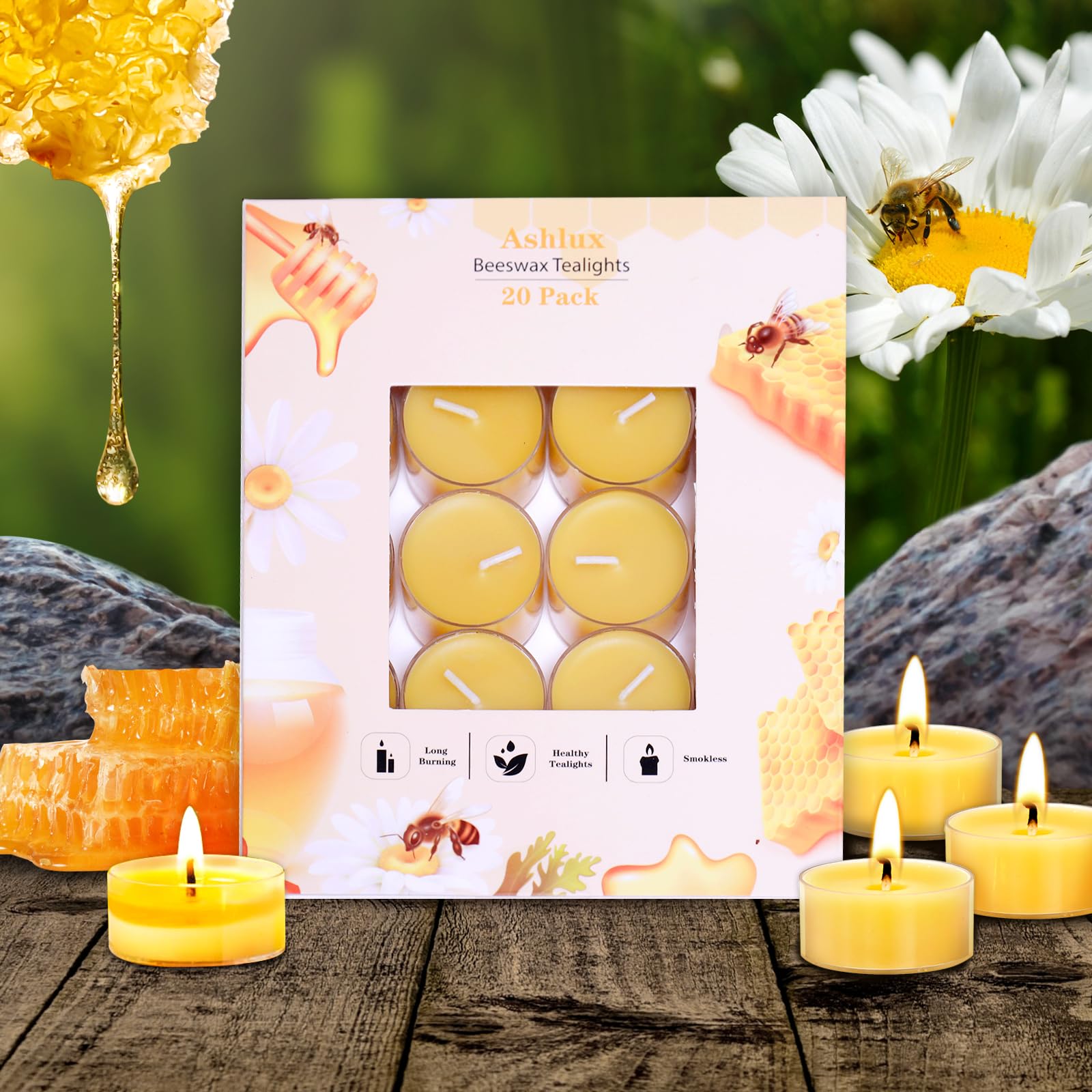 Ashlux Unscented Beeswax Tealight Candles 20 Pack, 4 Hours Long Burning Handmade Yellow Tea Lights Candles, Clear Cup Smokeless Beeswax Candles for Wedding, Party, Centerpiece & Christmas