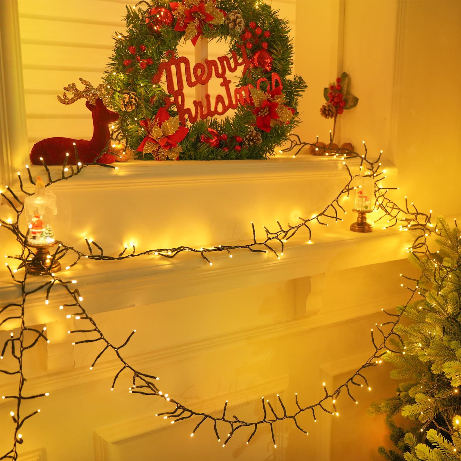 100Ft 2000 Led Cluster Christmas Lights  Christmas Tree Lights Outdoor Indoor With 8 Modes & Timer & Remote  Fire ers String Lights Waterproof For Garland Party Xmas Decorations  Warm White