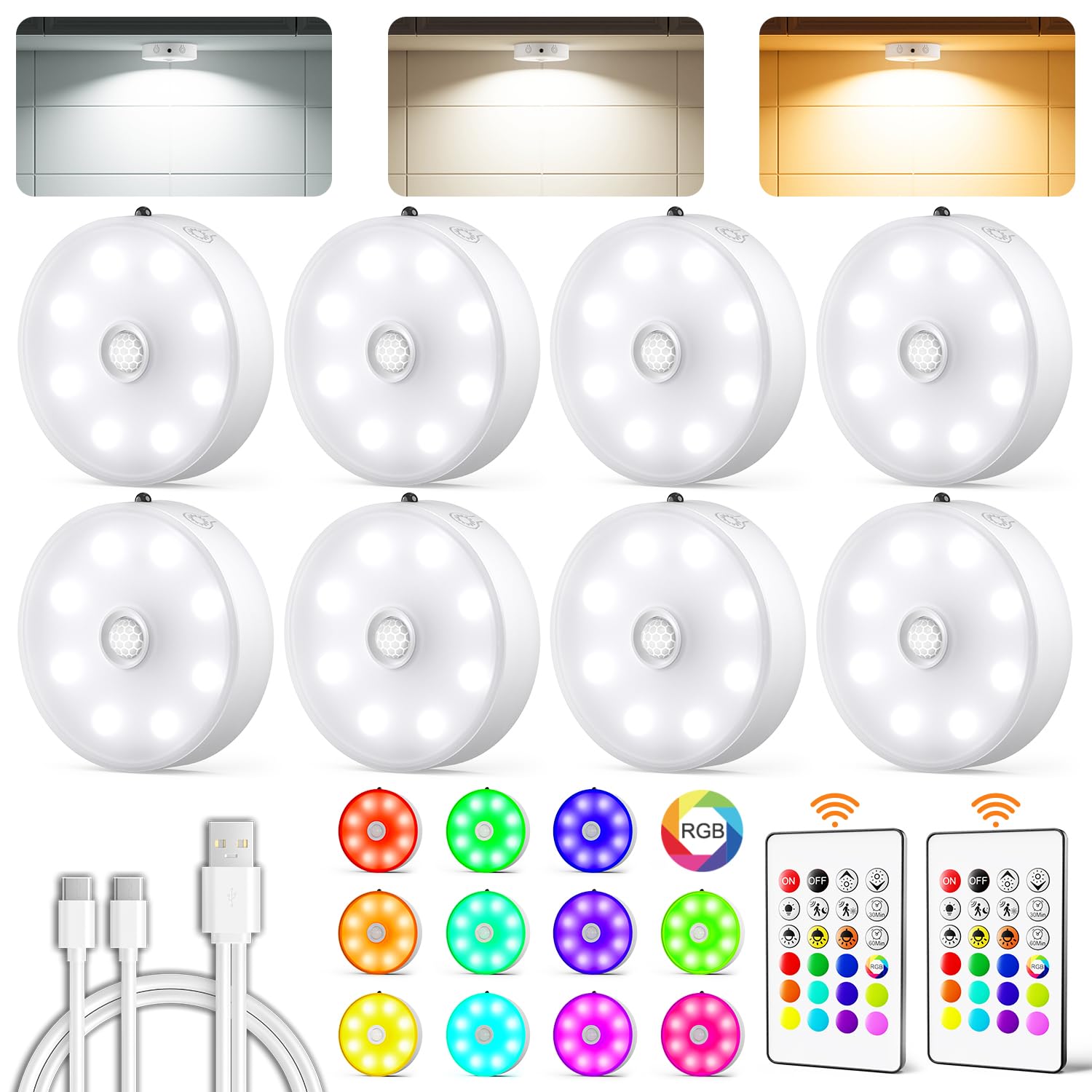 Puck Lights With Remote Control  Rechargeable Under Cabinet Lighting  3 Color Temps  12 Rgb Color Led Motion Sensor Lights Wireless  Dimmable Under Counter Lights For Closet  Kitchen