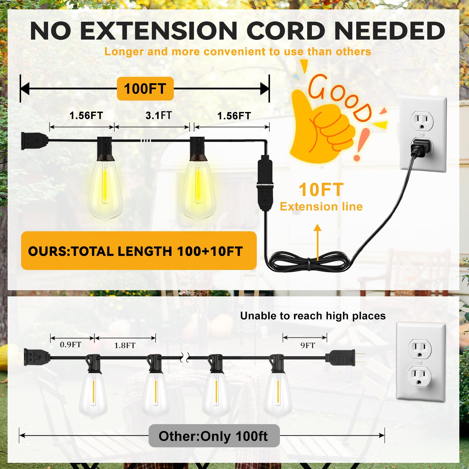 Oviviam 100+10Ft Led Outdoor String Lights, Patio Deck Lights With 50+4 Shatterproof St38 Edison Bulbs, Dimmable Warm White Wate