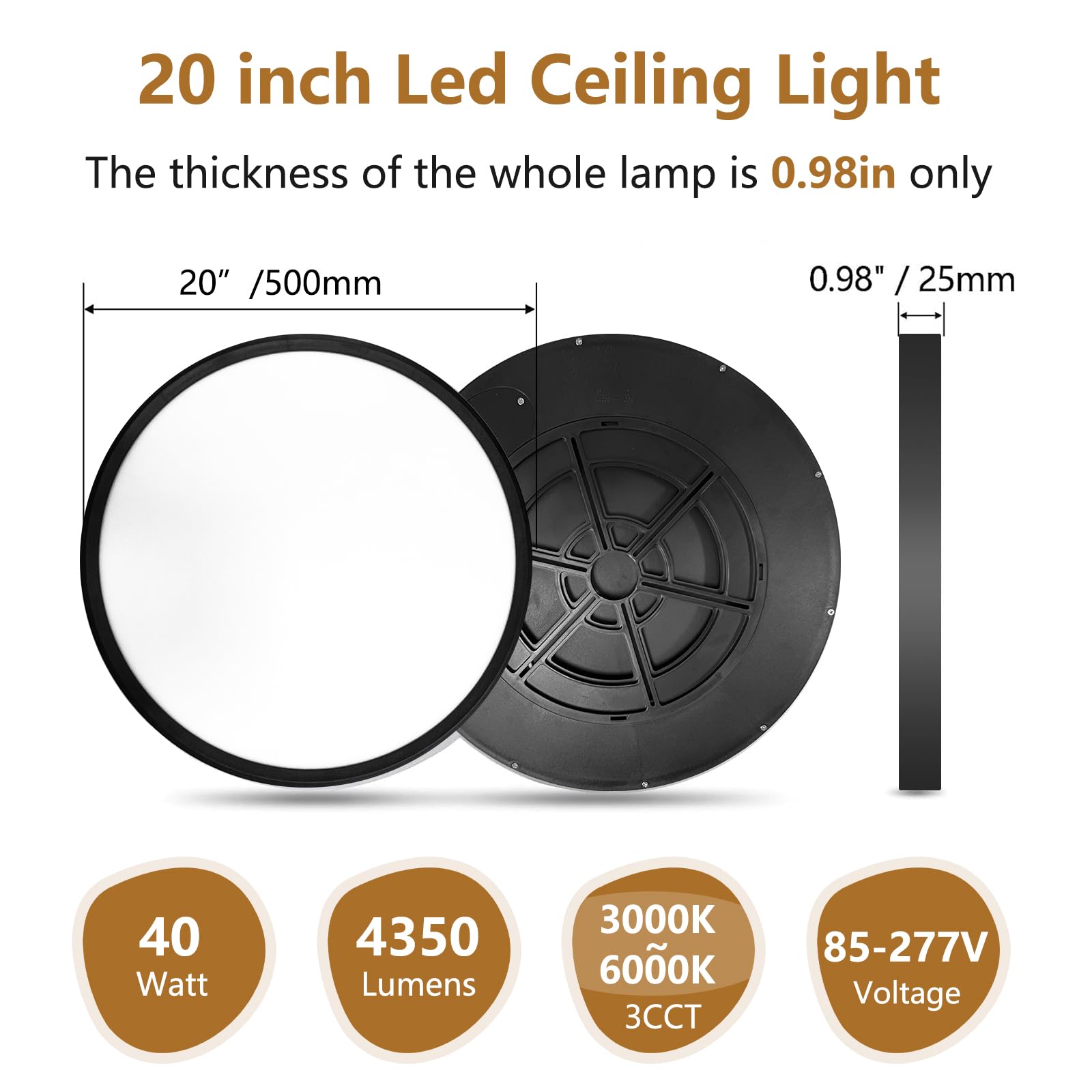 TLZ TLZ LIGHTING 20 Inch LED Flush Mount Ceiling Light, 40W, 4350LM, CCT Selectable, Black, Model FY201-D50025-40W