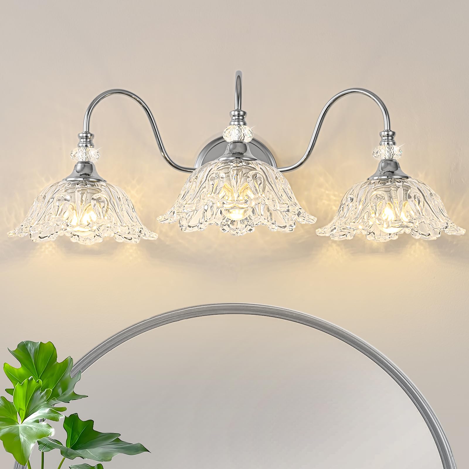 sunkryster Brushed Chrome 3-Light Bathroom Vanity Light with Floral Clear Glass Shades  Modern Wall Mount Lighting for Bathroom  Dressing Table