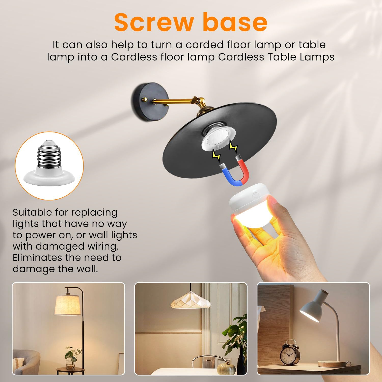 Scopow Rechargeable Light Bulbs With Remote Control Timer And 3 Color Temperature 600Lm Magnetically Battery Operated Light Bulbs Dimmer For Non-Hardwired Detachable (8W+E26+3Colors+4Pc)