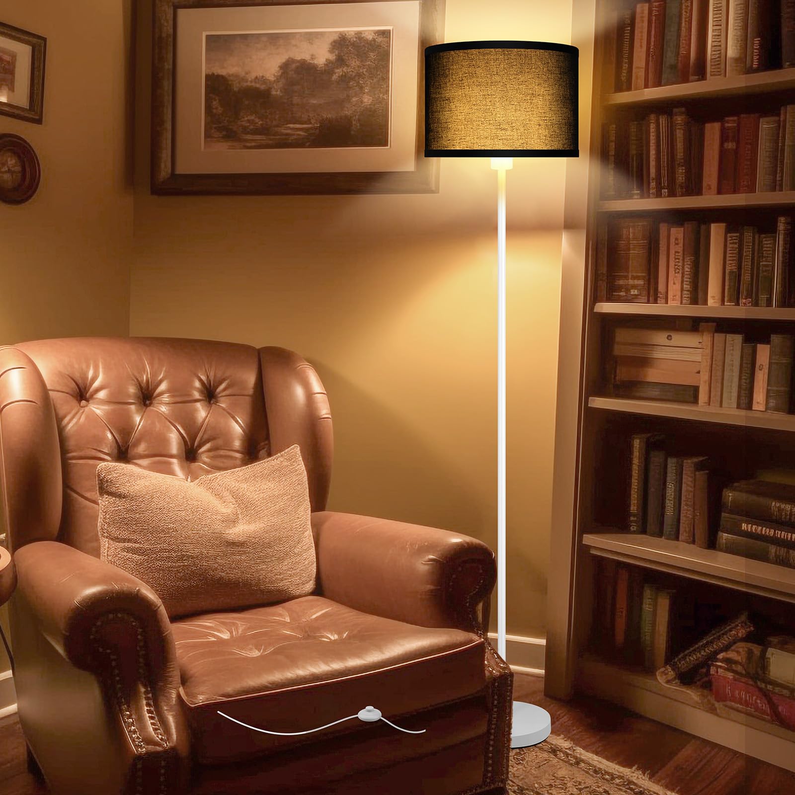 Floor Lamp White  Standing Lamp  58  Tall Floor Lamp With Black Lampshade  Foot Pedal Switch  Modern Bright Floor Lamps For Living Room/Bedroom/Classroom/Kids Room  White Lamp For Girls  Gift(No Bulb)