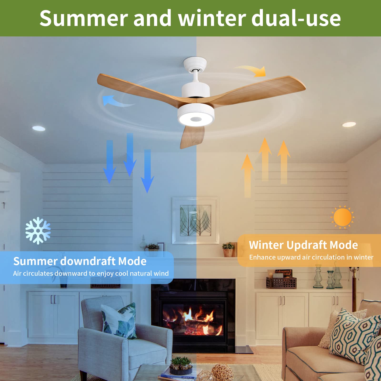 Asall 52 Inch Wood Ceiling Fan With Rgb Dimming Led Light,With Music Bluetooth Speaker,Remote Control,3-Speed Regulation, Reversible Motor,Timing,For Living Room,Bedroom,Restaurant,Outdoor