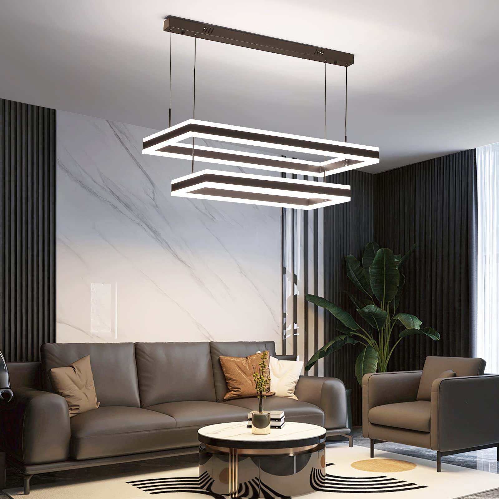 Modern Led Chandelier, Double Rectangles Ceiling Pendant Lights, Led Island Lights Dimmable Chandeliers For Dining Room Living Room Bedrooms, Black (40Cm/60Cm)